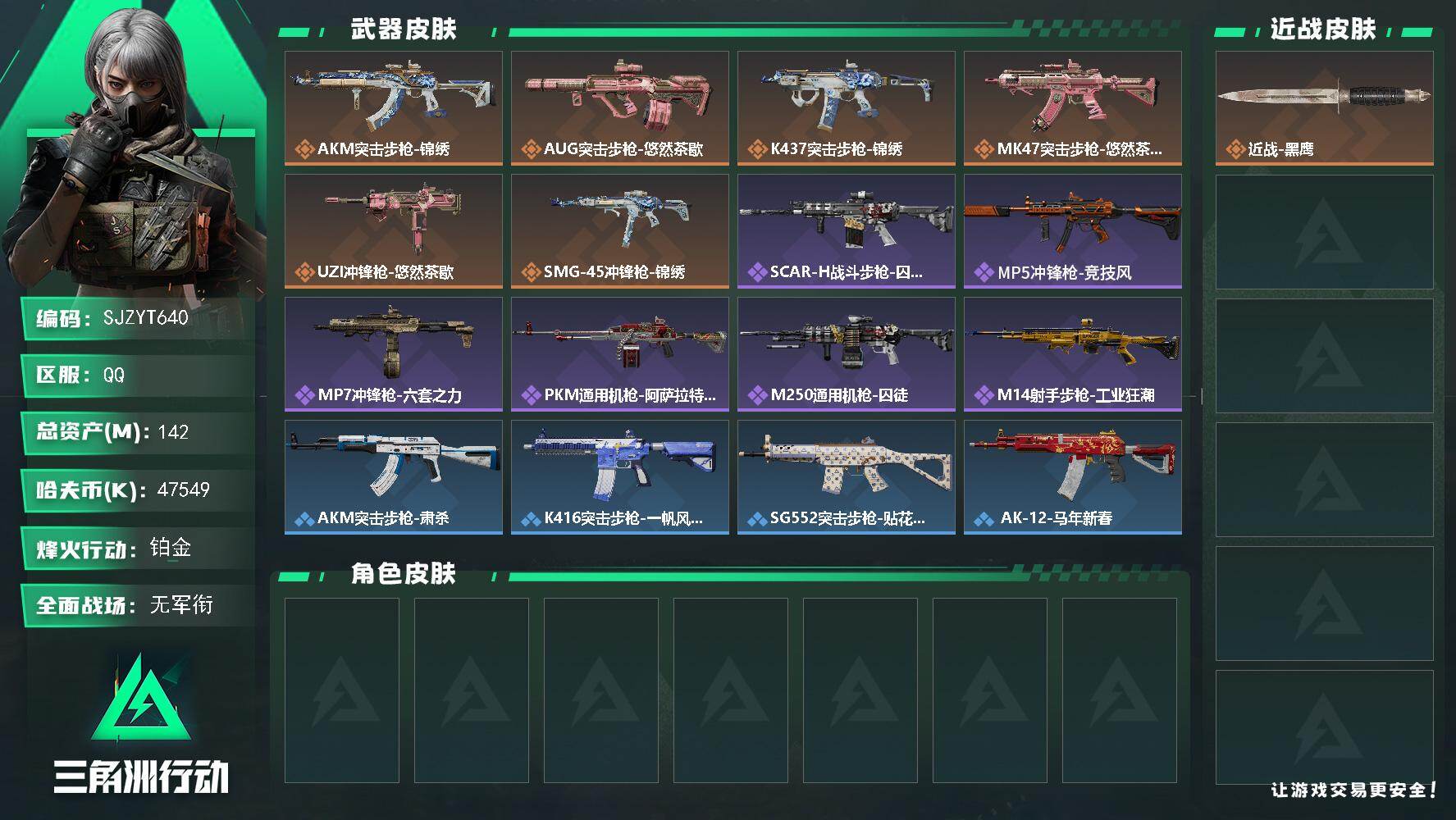 三角洲行动账号QQ【SJZYT640】总资产(M)：142M/哈夫币(K)：47549K/哈夫币(K)：47549K/