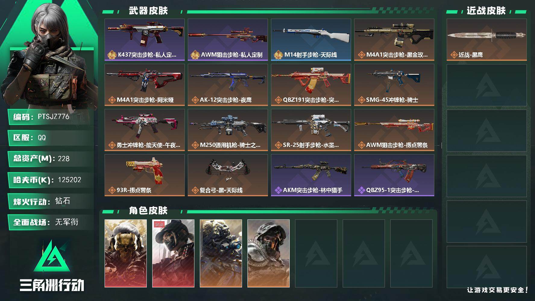 三角洲行动账号QQ【PTSJZ776】k哈伏币-196m流动资产-60烽火等级-钻石-5战场等级-无军衔
【干员外观】