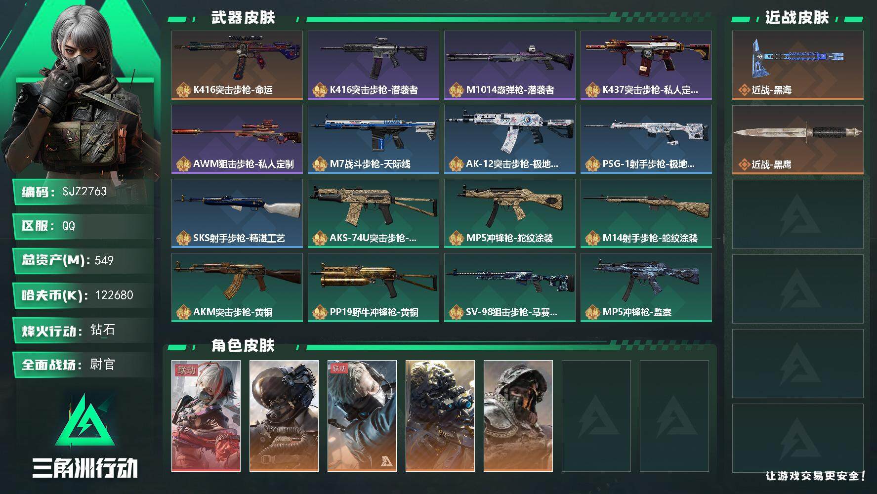 三角洲行动账号QQ【SJZ2763】总资产(M)：549M/哈夫币(K)：122680K/哈夫币(K)：122680K