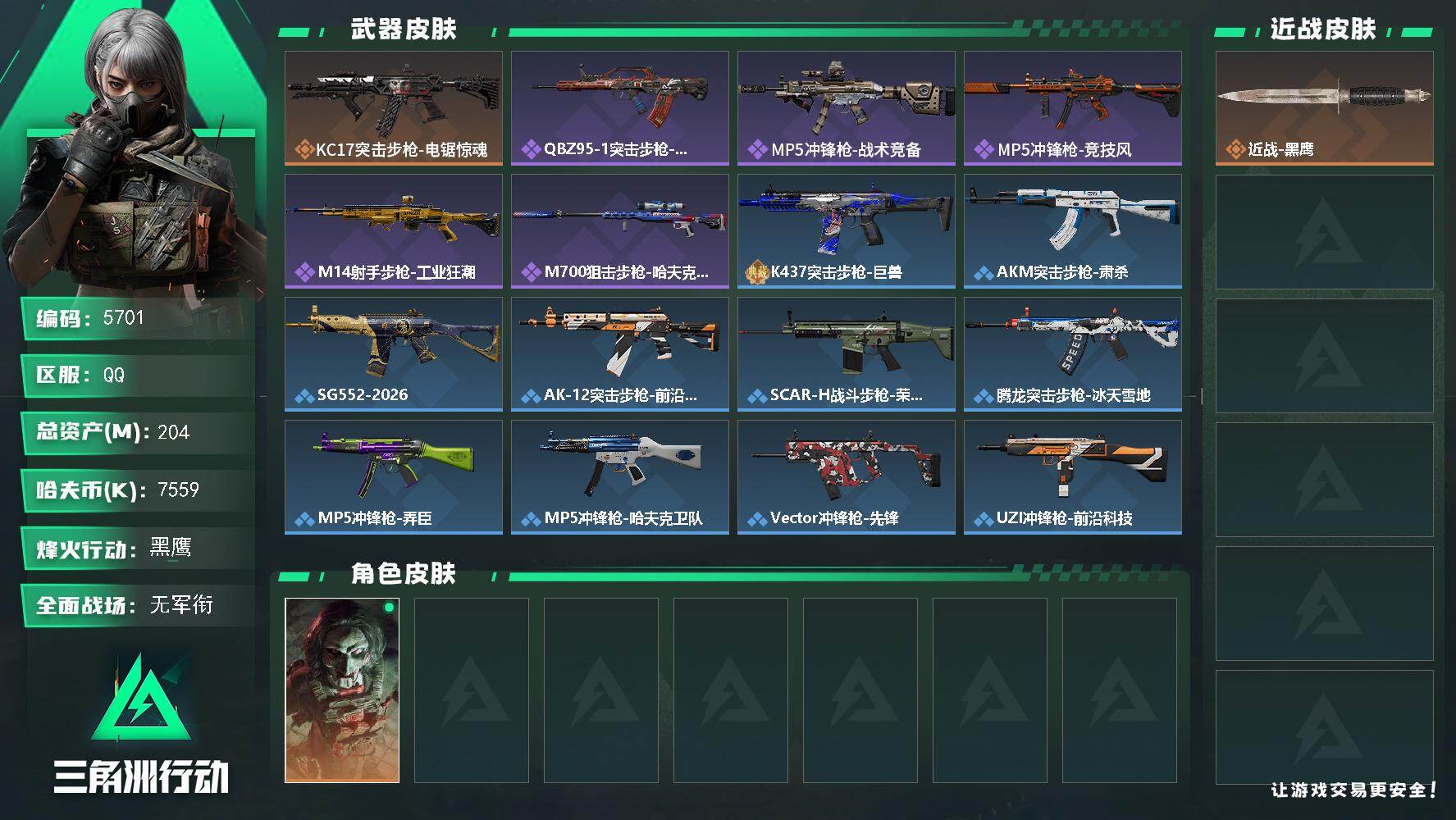 三角洲行动账号QQ总资产(M)：204M/哈夫币(K)：7559K/哈夫币(K)：7559K/传说枪皮数：2/全面战场