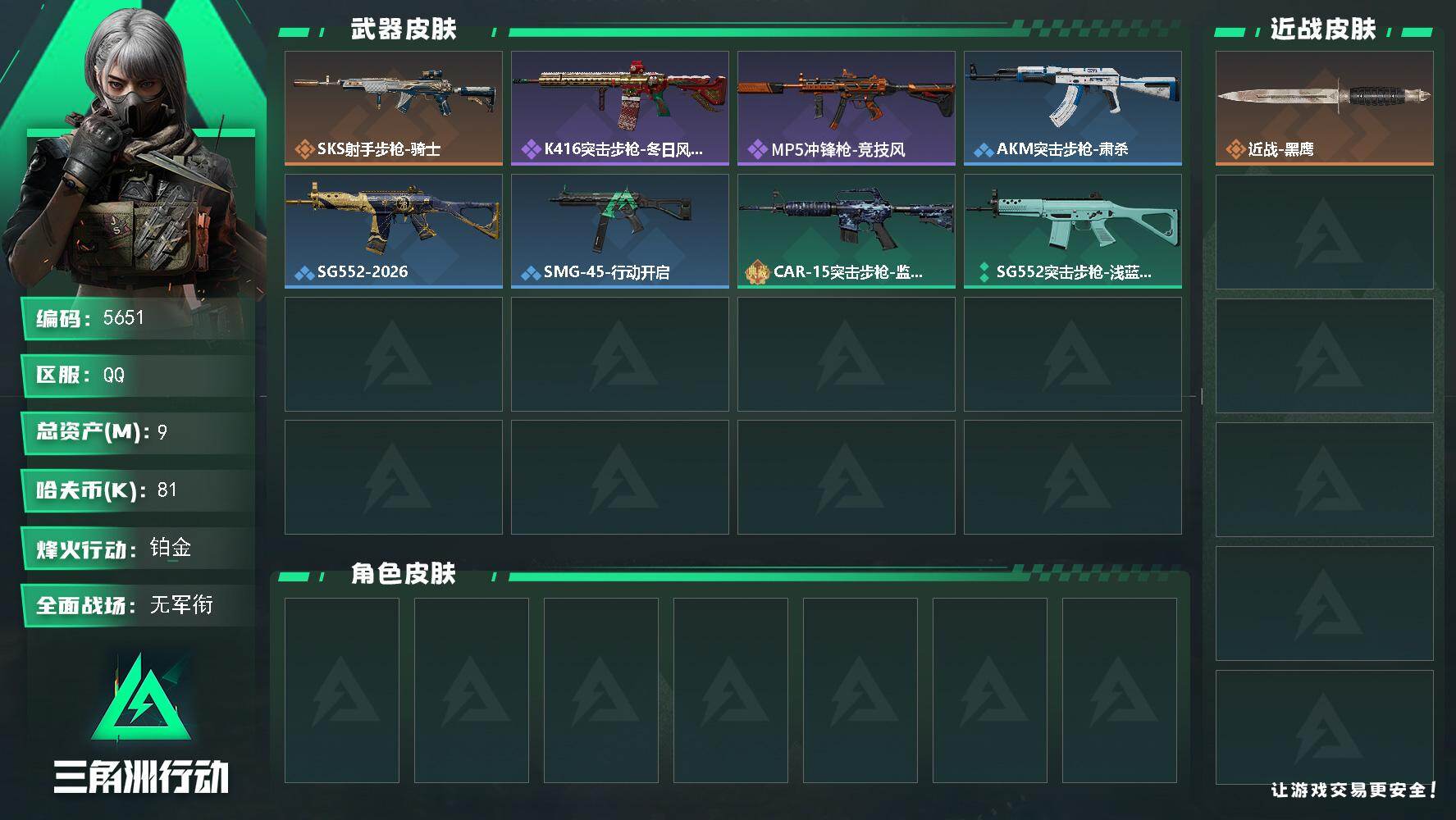 三角洲行动账号QQ总资产(M)：9M/哈夫币(K)：81K/哈夫币(K)：81K/传说枪皮数：1/全面战场等级：1_段