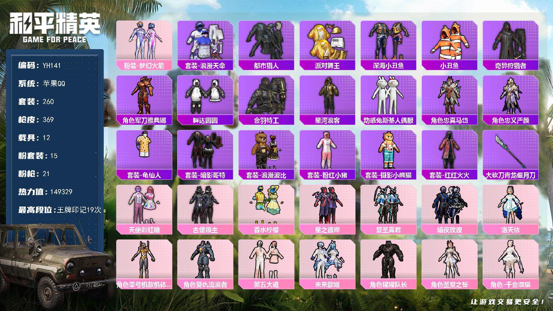 和平精英账号苹果QQ12载具-260套装-369枪皮-苹果 手Q-15粉装-21特效枪-12载具-5粉色飞行器-热力值-