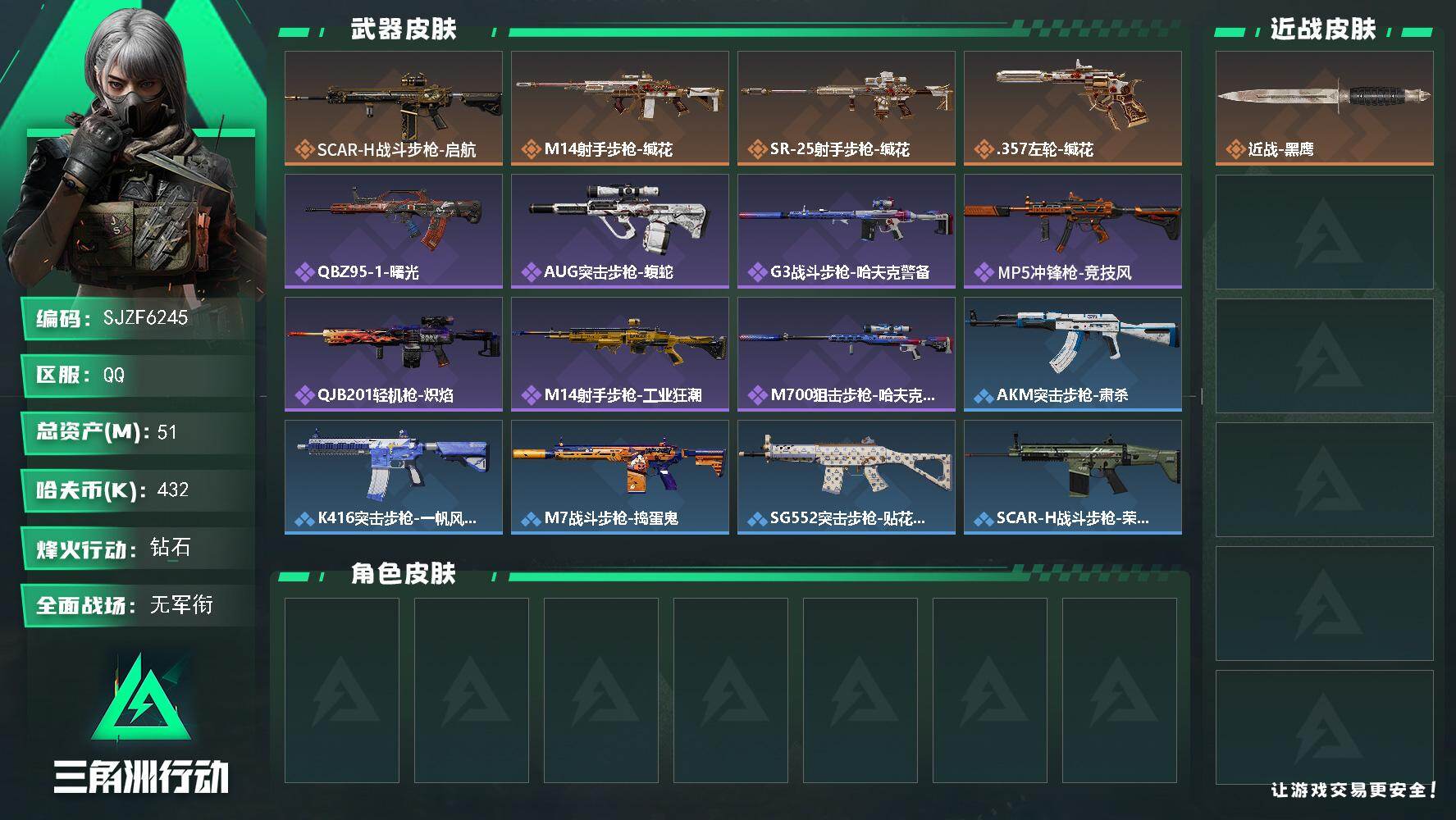 三角洲行动账号QQ【SJZF6245】总资产(M)：51M/哈夫币(K)：432K/哈夫币(K)：432K/传说枪皮数：4/全面战场等级：1_段位：无段位/烽火地带等级：60_段位：钻石/近战-黑鹰/SCAR-H战斗