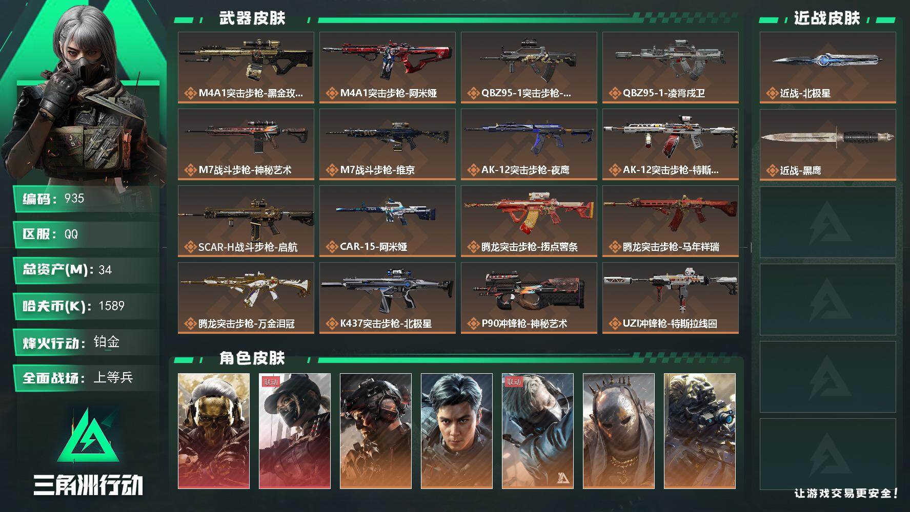 三角洲行动账号QQ34m总资产-1589k哈伏币-60烽火等级-铂金-50战场等级-上等兵
【干员外观】：红狼-蚀金玫