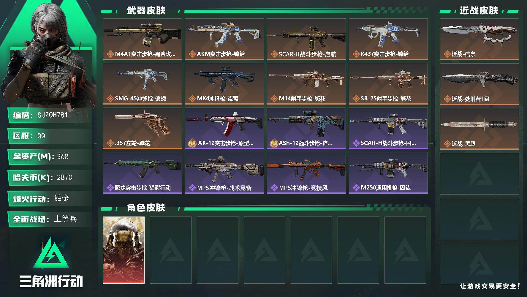 三角洲行动账号QQ【SJZQH781】总资产(M)：368M/哈夫币(K)：2870K/哈夫币(K)：2870K/传说枪皮数：9/全面战场等级：17_段位：上等兵/烽火地带等级：60_段位：铂金/红狼-蚀金玫瑰/近战
