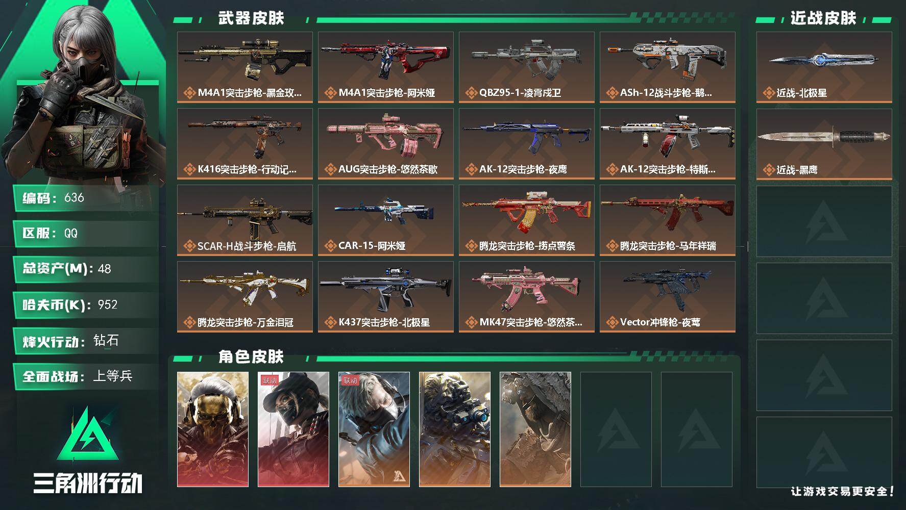 三角洲行动账号QQ【636】48m总资产-952k哈夫币-60烽火等级-钻石-48战场等级-上等兵
【干员外观】：红狼