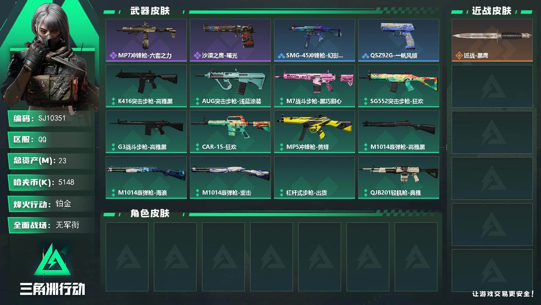三角洲行动账号QQ【SJ10351】总资产23M/哈夫币514万/战场等级1/行动等级32/安全箱等时效性道具以游戏内数据为准，详情请看图/近战-黑鹰/MP7冲锋枪-六套之力/沙漠之鹰-曙光/SMG-45冲锋枪-幻影