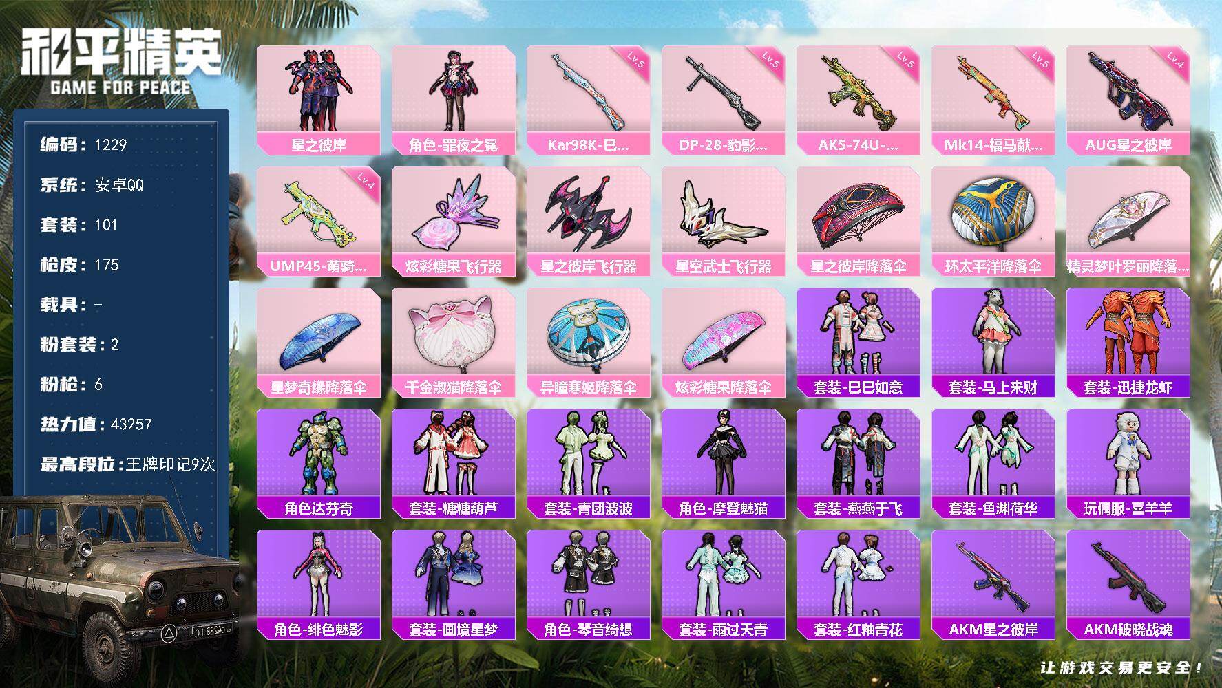 和平精英账号安卓QQ安卓手Q-2粉装-6特效枪-3粉色飞行器-43257热力值-9王牌印记-101套装-175枪皮
【粉色套装】：粉装-星之彼岸，角色-罪夜之冕
【粉色枪皮等级】：AUG-星之彼岸(四级)，UMP45-萌