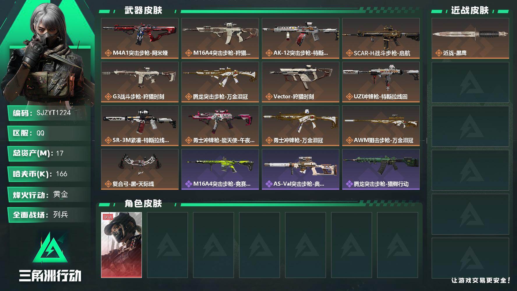 三角洲行动账号QQ【SJZYT1224】总资产17M/哈夫币16万/传说枪皮数13/战场等级21/行动等级60/安全箱等时效性道具以游戏内数据为准，详情请看图/露娜-黑·天际线/近战-黑鹰/M4A1突击步枪-阿米娅/