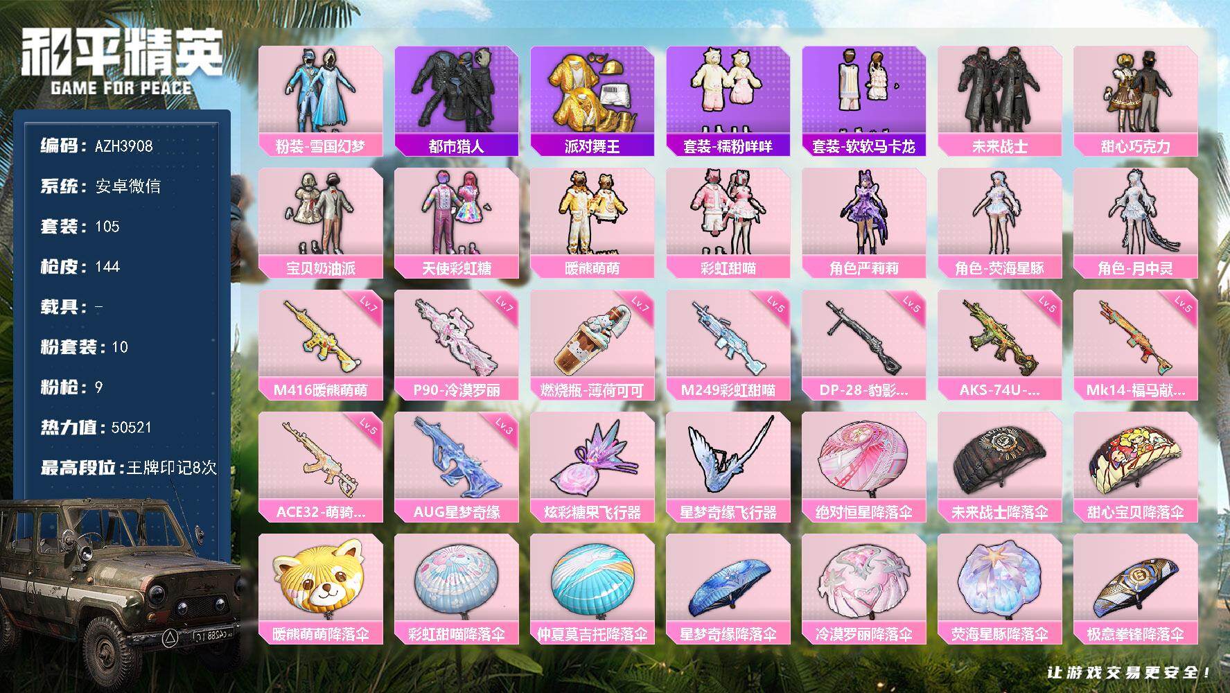 和平精英账号安卓微信安卓微信【雪国都市巧克力三姐妹暖熊萌萌 软软马卡龙糯粉咩咩金靴子 三级星梦奇缘AUG 满级暖熊萌萌M416 冷漠罗丽P90】10粉装-9特效枪-3粉色飞行器-50521热力值-8王牌印记-105套装-