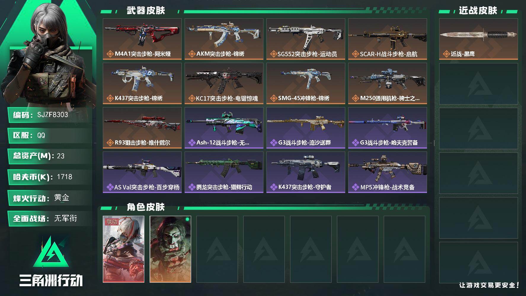 三角洲行动账号QQ【SJZF8303】总资产23M/哈夫币171万/传说枪皮数9/战场等级1/行动等级60/安全箱等时效性道具以游戏内数据为准，详情请看图/骇爪-维什戴尔/红狼-电锯惊魂/近战-黑鹰/M4A1突击步枪