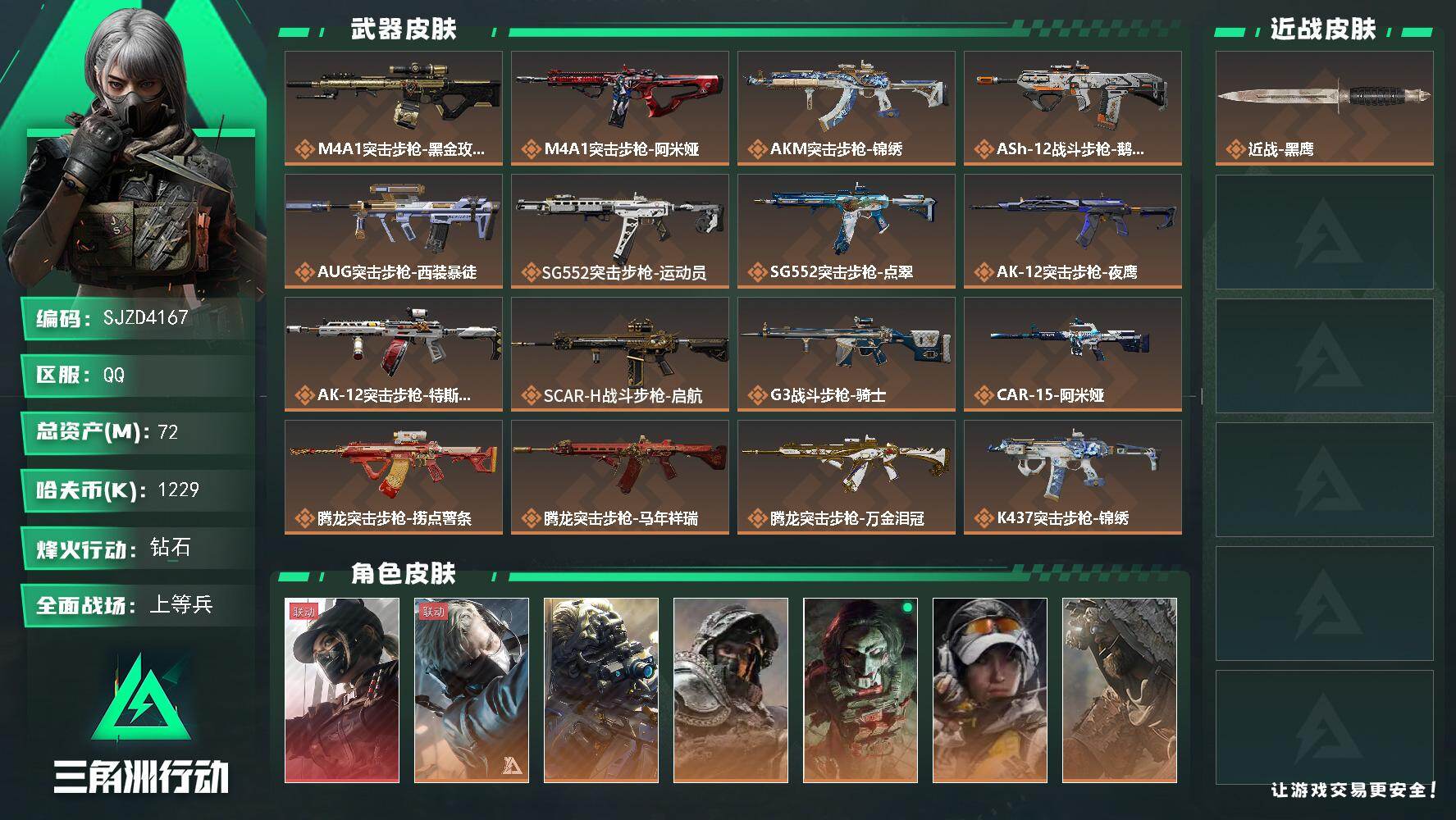 三角洲行动账号QQ【SJZD4167】总资产72M/哈夫币122万/传说枪皮数39/战场等级25/行动等级60/安全箱等时效性道具以游戏内数据为准，详情请看图/露娜-黑·天际线/蜂医-送葬人·无题密令/无名-夜鹰/深