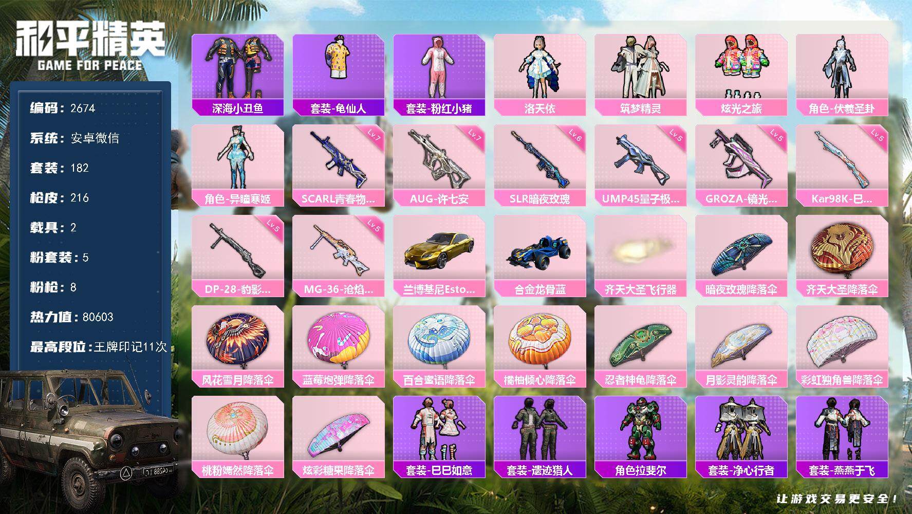 和平精英账号安卓微信【2674】【男神素材号·深海小丑鱼·洛天依·满级AUG-许七安·金兰博·蓝蹦·地铁满天赋·社交临时限制介意勿拍】安卓微信-5粉装-8特效枪-2载具-1粉色飞行器-80603热力值-11王牌印记-18