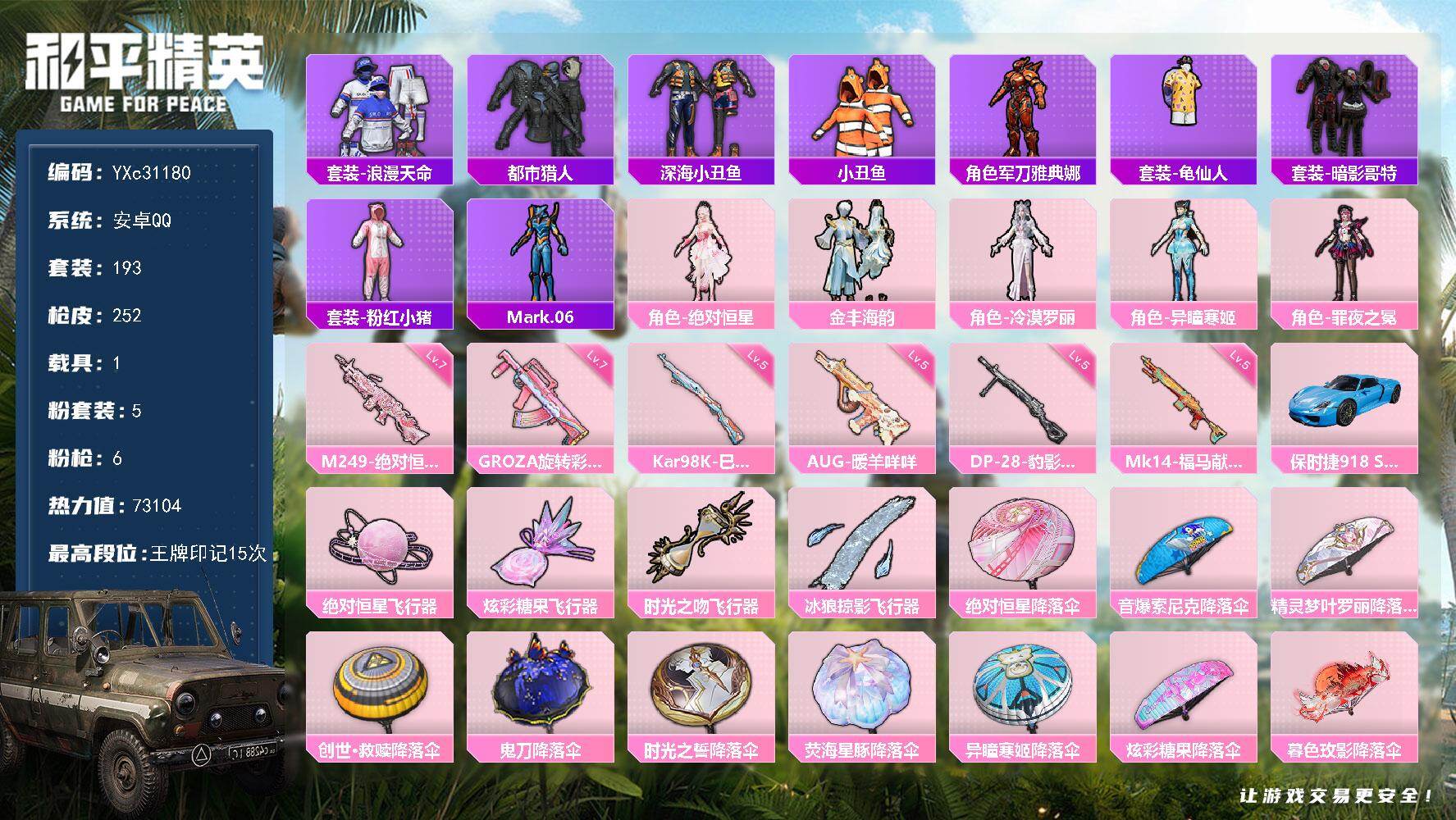 和平精英账号安卓QQ【保时捷 都市 哥特 假螳螂 小丑鱼 鲨鱼裤 双马尾 满地铁天赋】YXc31180无二次 安卓Q-2稀有1载具5粉装6特效枪18热门193套装252枪皮15印记 历史卓越王牌16星 
【2稀有】 都市