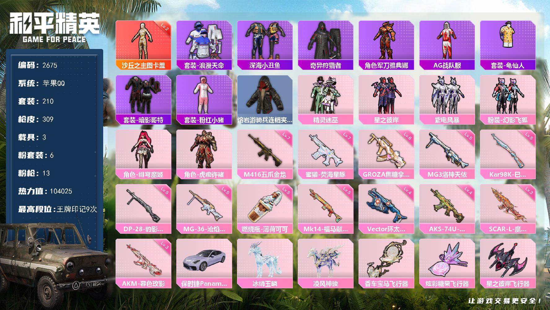 和平精英账号苹果QQ【2675】苹果手Q-1神装-6粉装-13特效枪-3载具-14粉色飞行器-104025热力值-9王牌