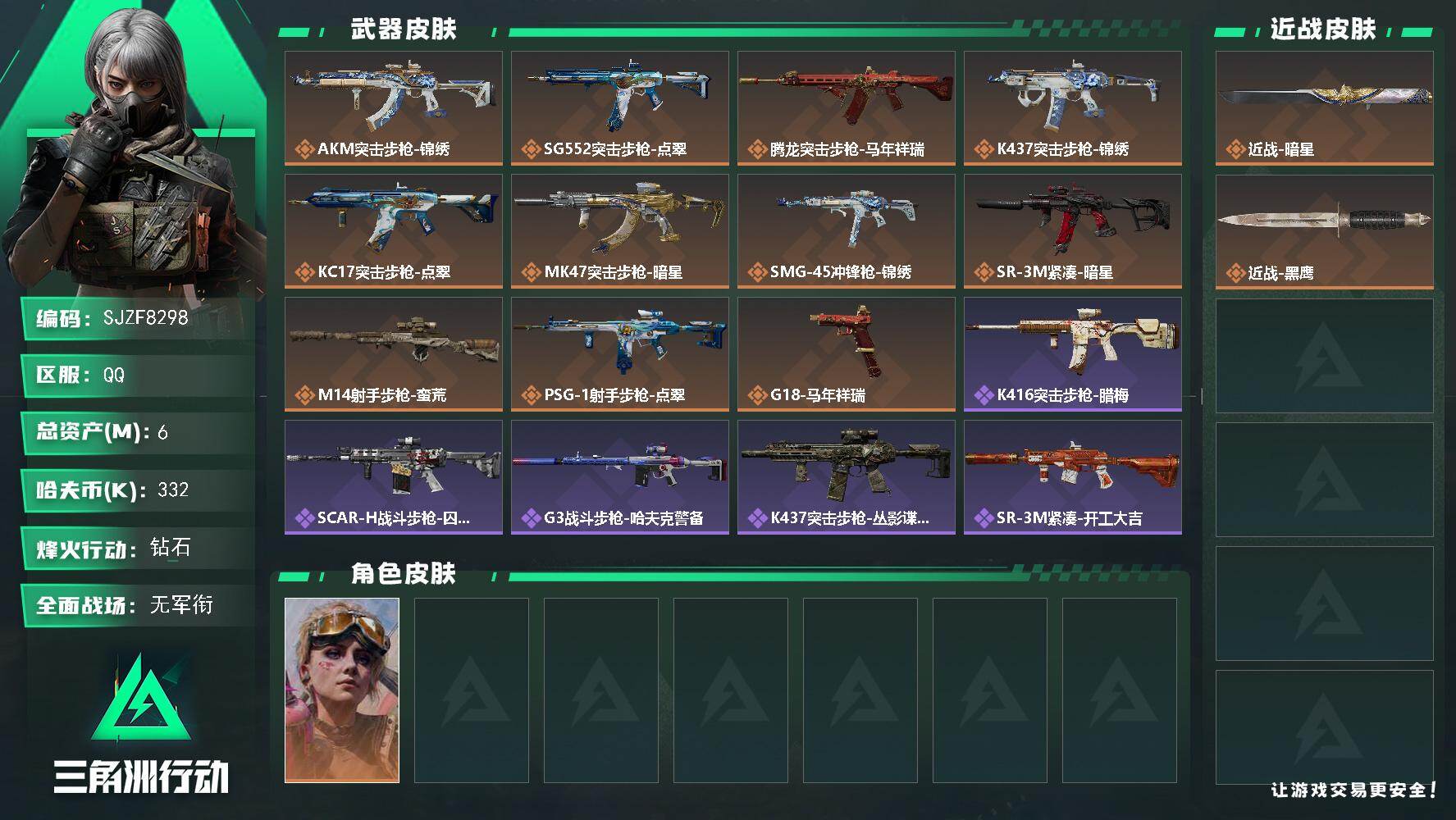 三角洲行动账号QQ【SJZF8298】总资产6M/哈夫币33万/传说近战数1/传说枪皮数11/战场等级1/行动等级60/安全箱等时效性道具以游戏内数据为准，详情请看图/蛊-不羁人生/近战-暗星/近战-黑鹰/AKM突击