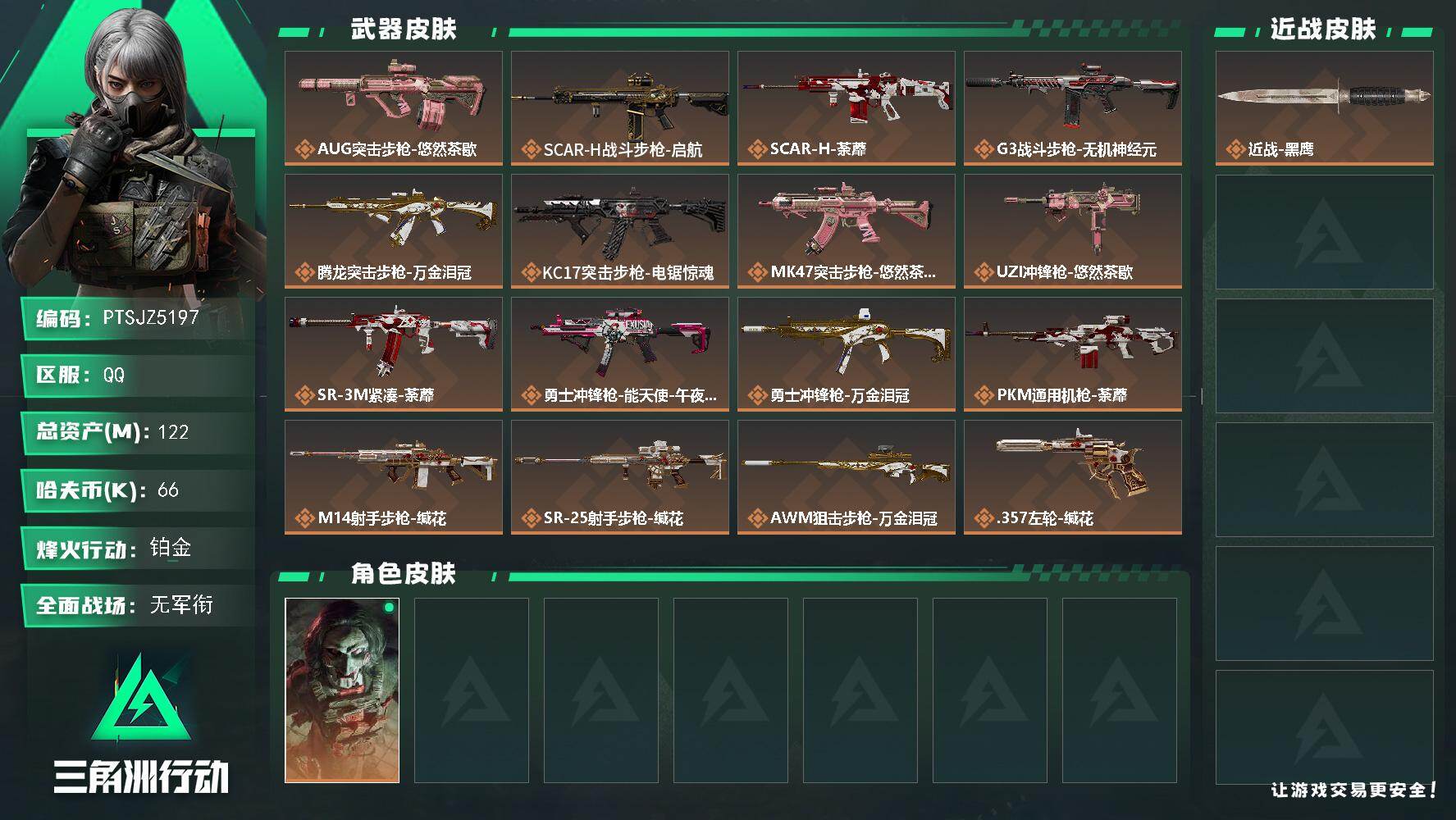 三角洲行动账号QQ【PTSJZ5197】总资产122M/哈夫币6万/传说枪皮数16/战场等级5/行动等级60/安全箱等