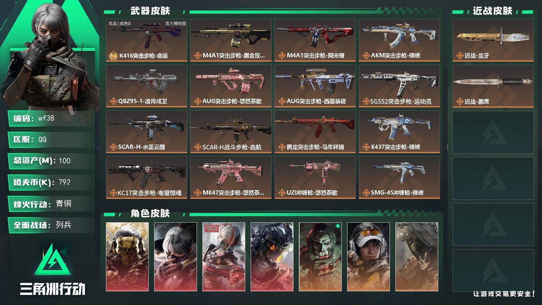 三角洲行动账号QQ【wf38】100m总资产-792k哈夫币-60烽火等级-青铜-17战场等级-列兵
【干员外观】：红