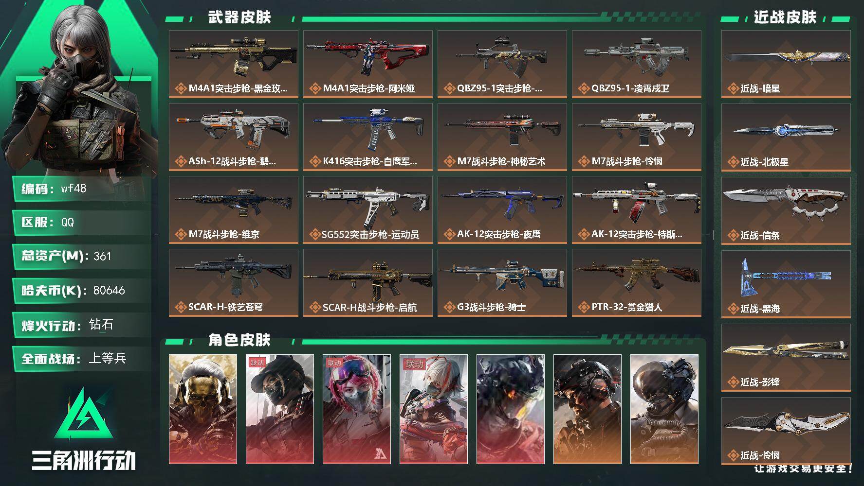 三角洲行动账号QQ【wf48】361m总资产-80646k哈夫币-60烽火等级-钻石-50战场等级-上等兵
【干员外观