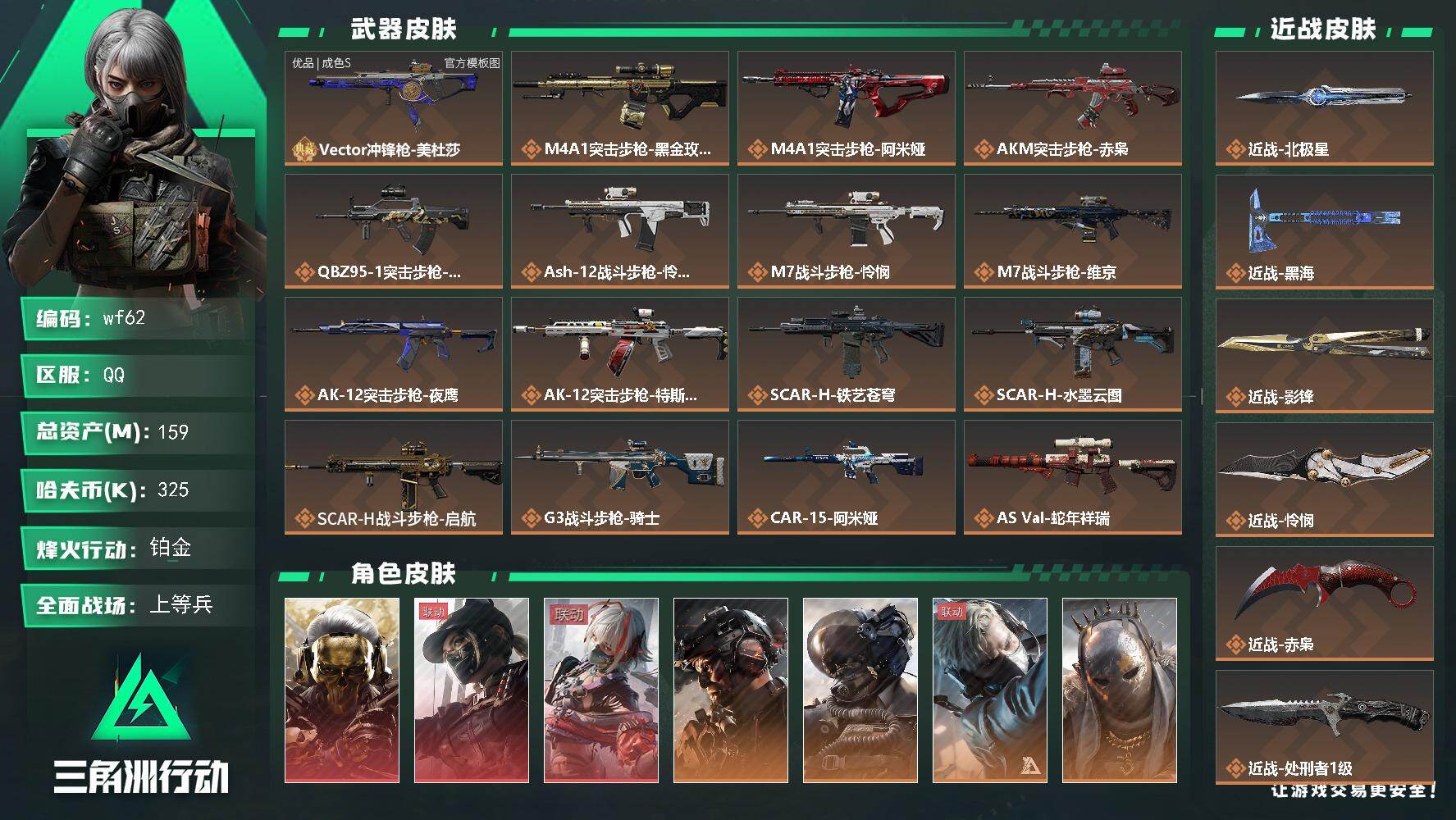 三角洲行动账号QQ【wf62】159m总资产-325k哈夫币-60烽火等级-铂金-50战场等级-上等兵
【干员外观】：