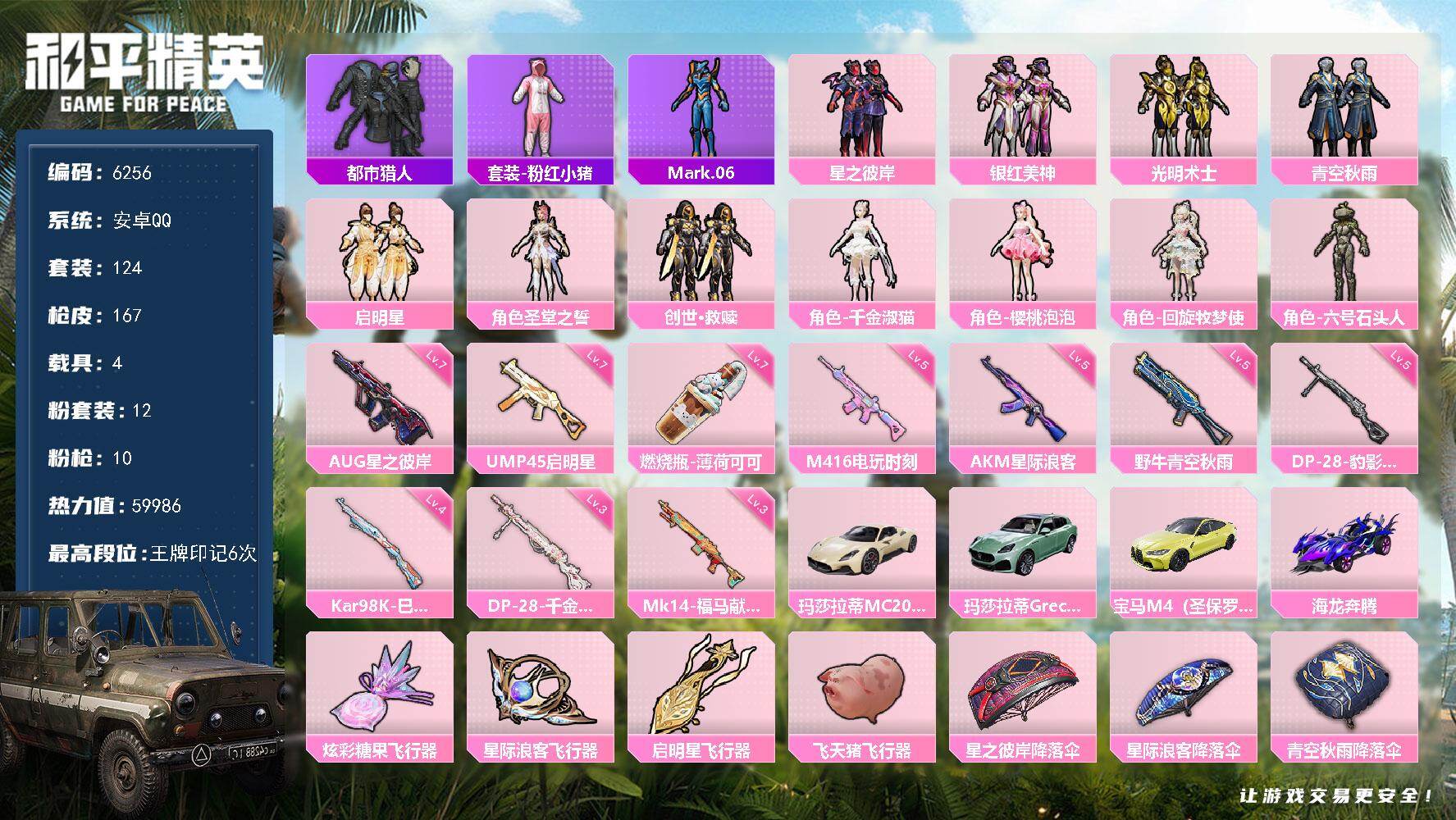 和平精英账号安卓QQ124套装/枪械10/装备233/载具4/战备115/王牌印记6/热力值59986/五级AKM-星际浪客/五级M416-电玩时刻/七级AUG-星之彼岸/七级UMP45-启明星/五级野牛-青空秋雨/四级