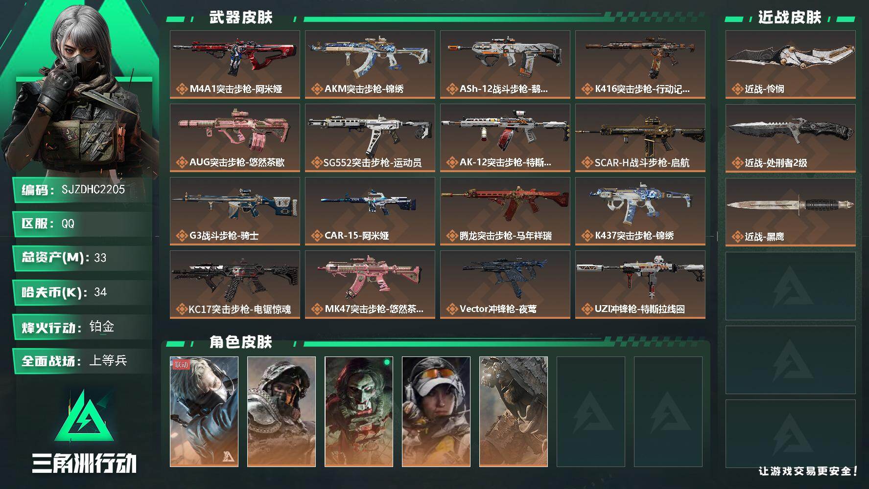 三角洲行动账号QQ【SJZDHC2205】DHC90128  5金皮/1刀皮怜悯  33m总资产-34k哈夫币-60烽