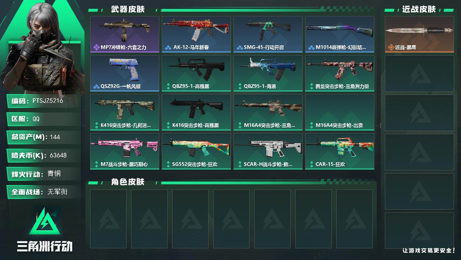 三角洲行动账号QQ【PTSJZ5216】总资产144M/哈夫币6364万/战场等级1/行动等级57/安全箱等时效性道具