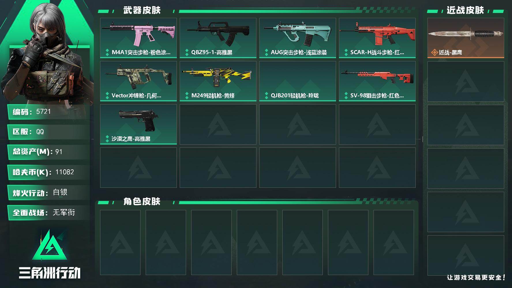 三角洲行动账号QQPX_2595913-91m总资产-11082k哈夫币-47烽火等级-白银-1战场等级-无军衔
【近战皮肤】：近战-黑鹰
【稀有外观】：SCAR-H战斗步枪-猛攻，QJB201轻机枪-猛攻
