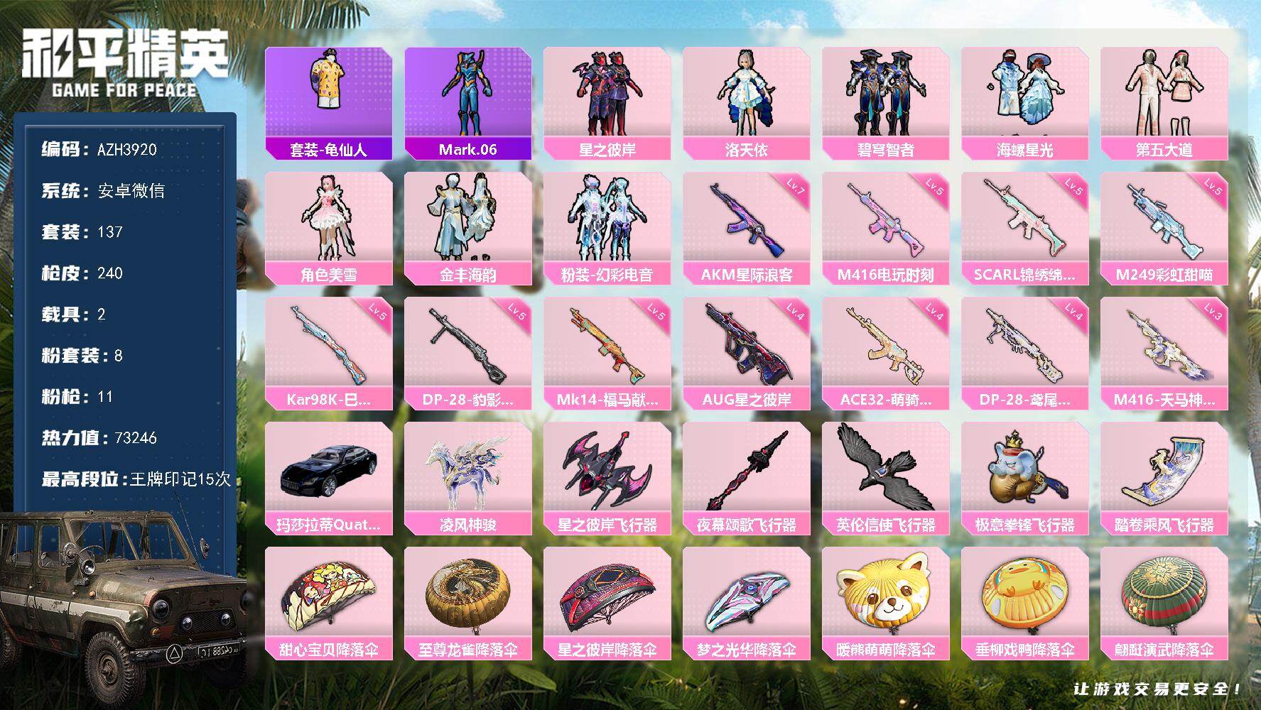 和平精英账号安卓微信安卓微信【洛天依第五大道美雪 满级星际浪客AKM 2载具】8粉装-11特效枪-2载具-5粉色飞行器-73246热力值-15王牌印记-137套装-240枪皮
【热门品类】：套装-龟仙人，角色-Mark.