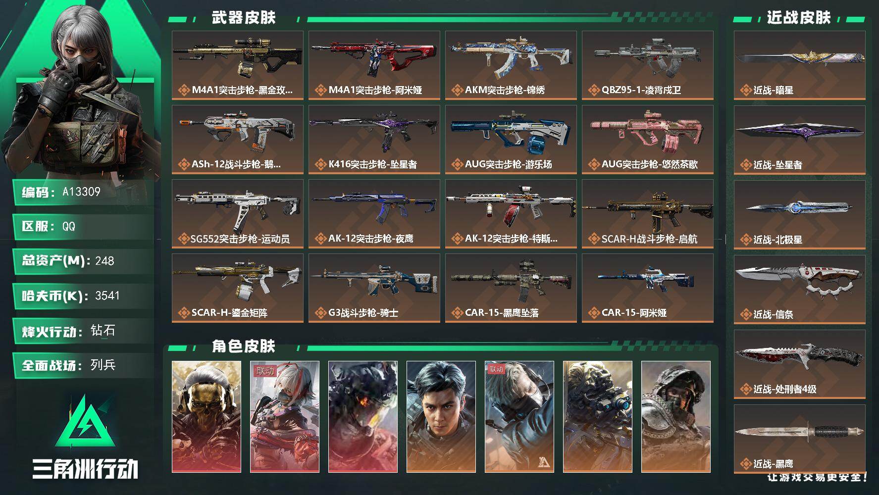 三角洲行动账号QQA13309/包人脸/QQ区【总资产:248.8M+近战北极星+近战信条+近战暗星+近战坠星者+近战