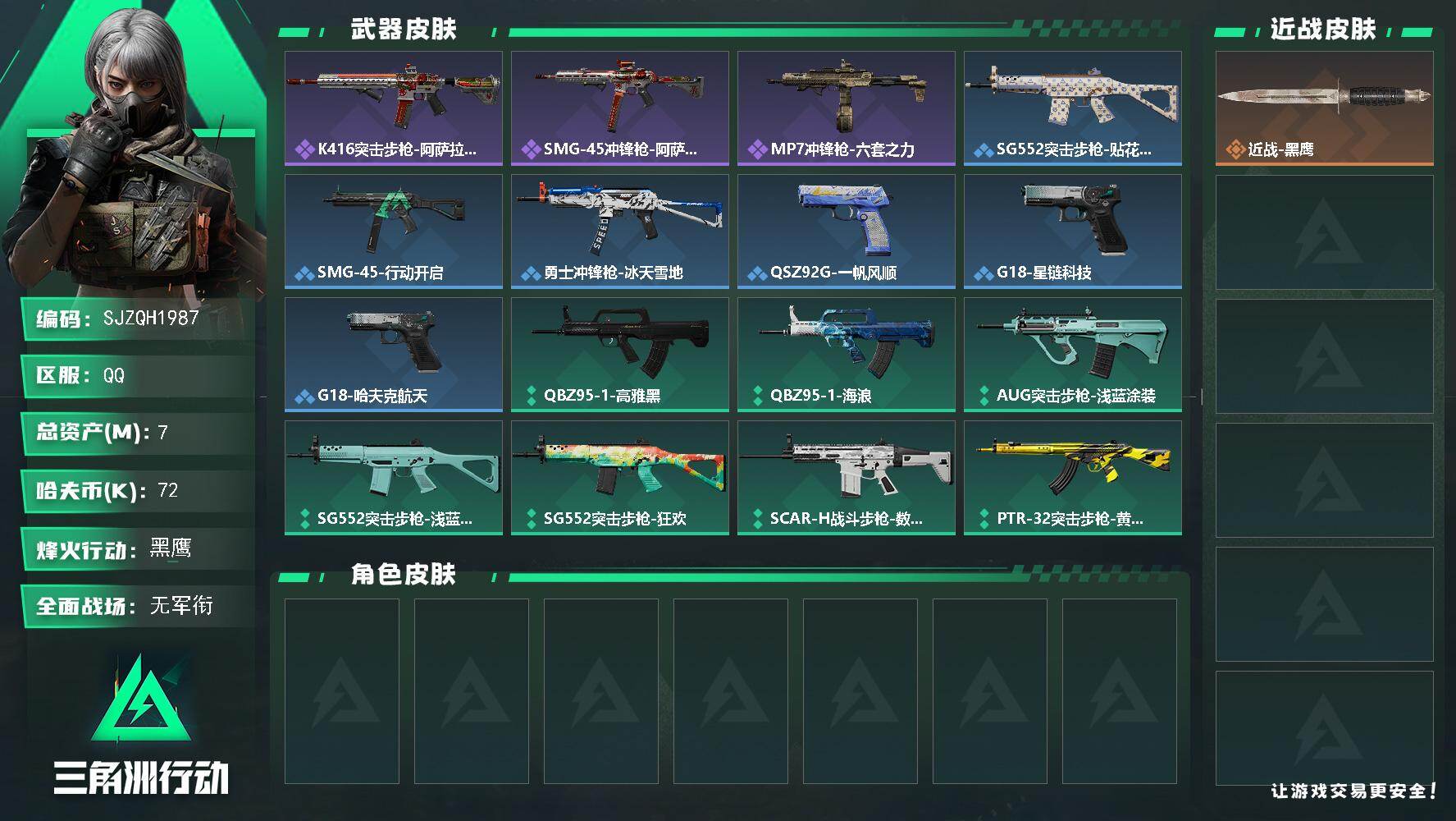 三角洲行动账号QQ【SJZQH1987】总资产7M/哈夫币7万/战场等级1/行动等级56/安全箱等时效性道具以游戏内数据为准，详情请看图/近战-黑鹰/K416突击步枪-阿萨拉特攻/SMG-45冲锋枪-阿萨拉特攻/MP