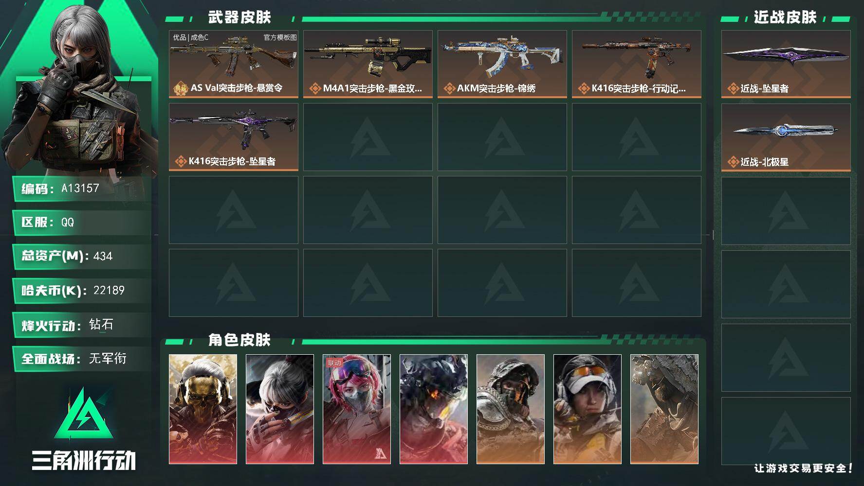 三角洲行动账号QQA13157//QQ区【总资产:433.7M+巨浪优品C+近战北极星+近战坠星者+近战处刑者+红狼蚀
