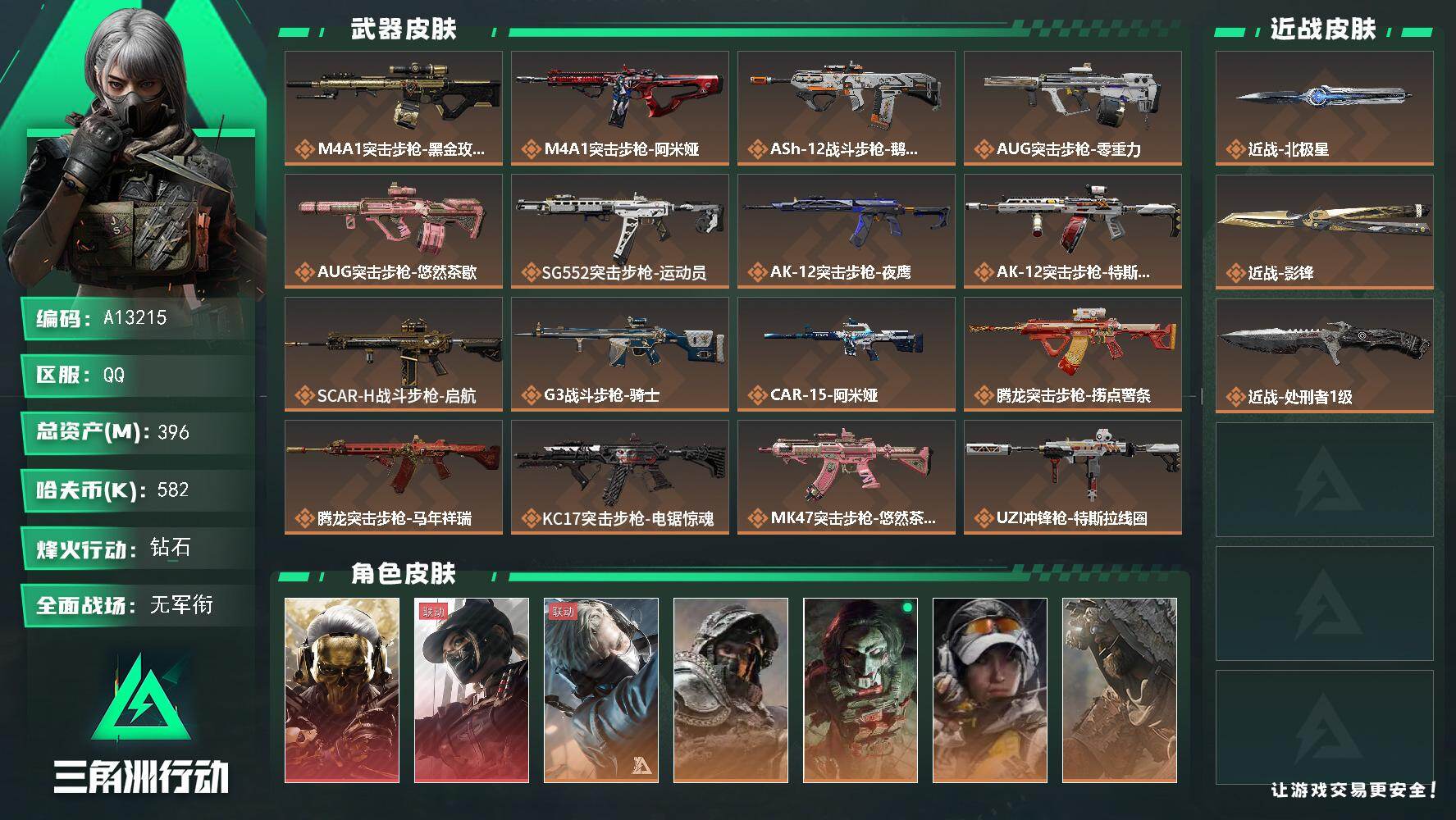 三角洲行动账号QQA13215//QQ区【总资产:395.7M+近战影锋+近战北极星+近战处刑者+红狼蚀金玫瑰+露娜黑