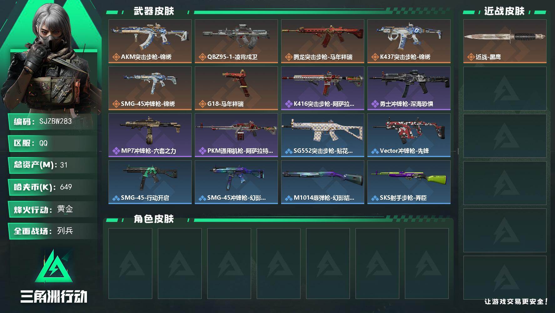 三角洲行动账号QQ【SJZBW283】总资产31M/哈夫币64万/传说枪皮数6/战场等级8/行动等级57/安全箱等时效性道具以游戏内数据为准，详情请看图/近战-黑鹰/AKM突击步枪-锦绣/QBZ95-1突击步枪-凌霄