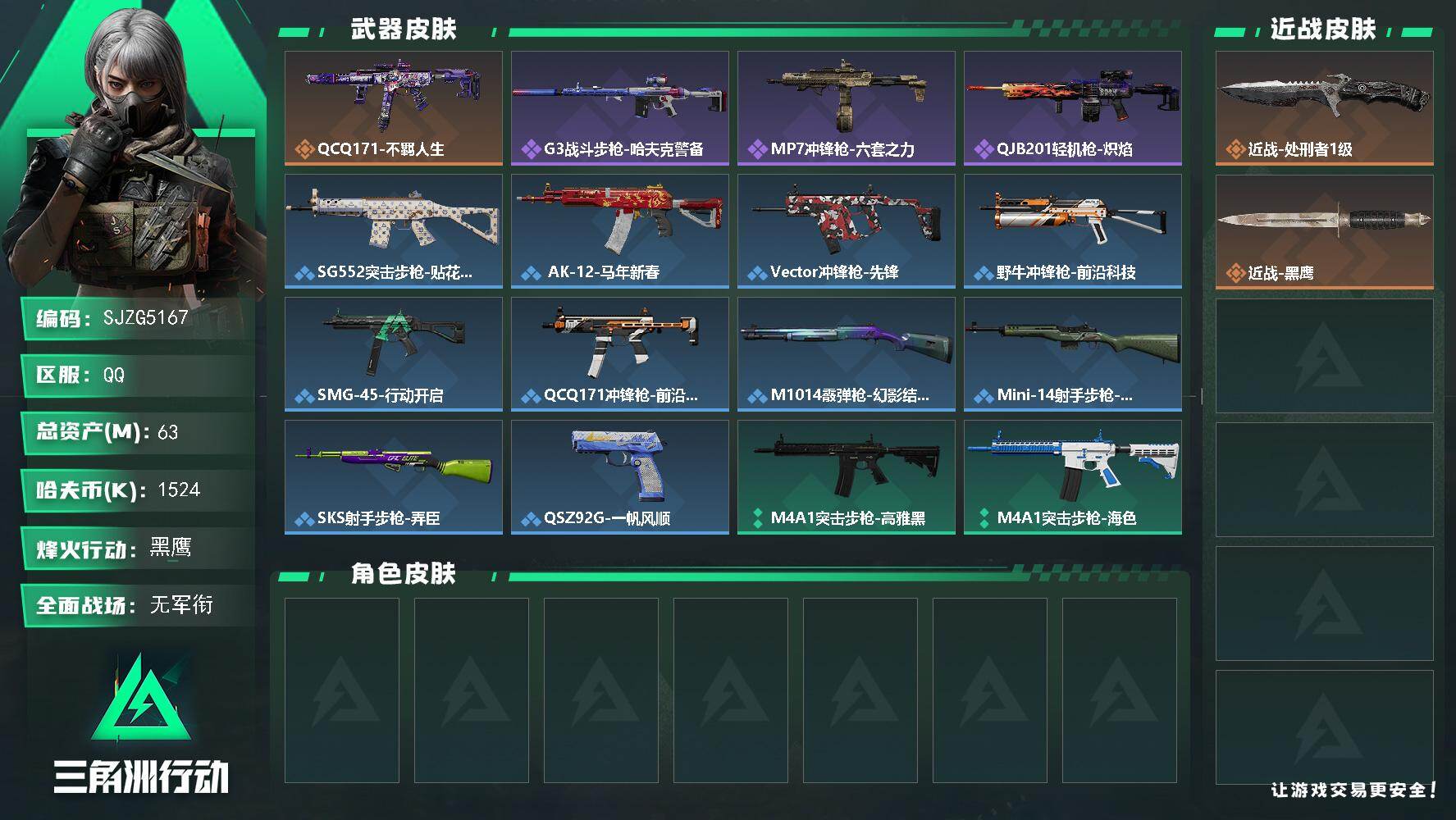 三角洲行动账号QQ【SJZG5167】总资产63M/哈夫币152万/传说近战数1/传说枪皮数1/战场等级1/行动等级60/安全箱等时效性道具以游戏内数据为准，详情请看图/近战-处刑者1级/近战-黑鹰/QCQ171冲锋
