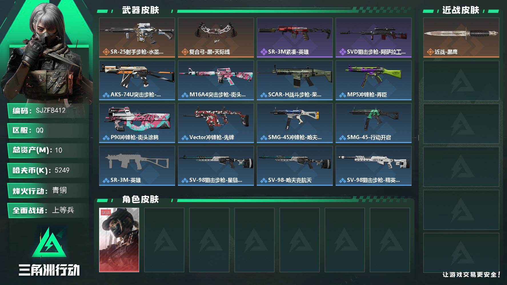 三角洲行动账号QQ【SJZF8412】总资产10M/哈夫币524万/干员外观数1/传说枪皮数2/战场等级34/行动等级16/安全箱等时效性道具以游戏内数据为准，详情请看图/露娜-黑·天际线/近战-黑鹰/SR-25射手