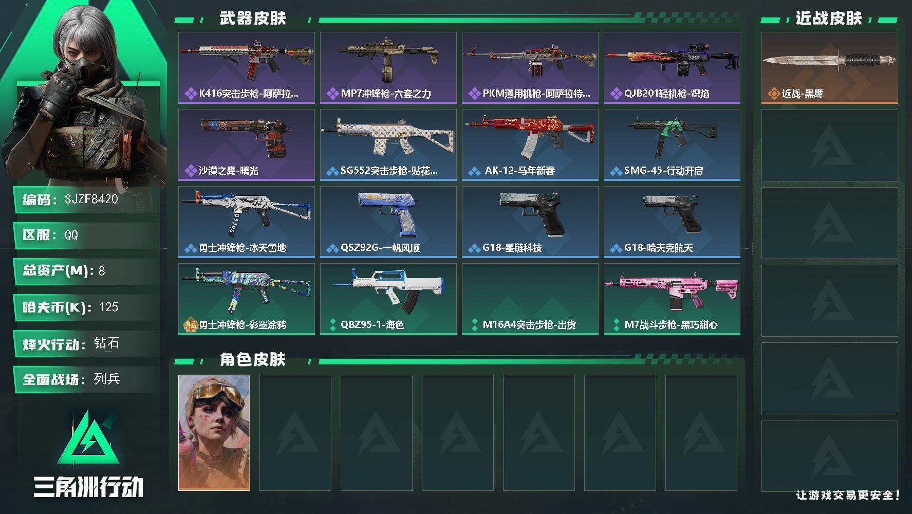 三角洲行动账号QQ【SJZF8420】总资产8M/哈夫币12万/干员外观数1/战场等级12/行动等级60/安全箱等时效性道具以游戏内数据为准，详情请看图/蛊-不羁人生/近战-黑鹰/K416突击步枪-阿萨拉特攻/MP7