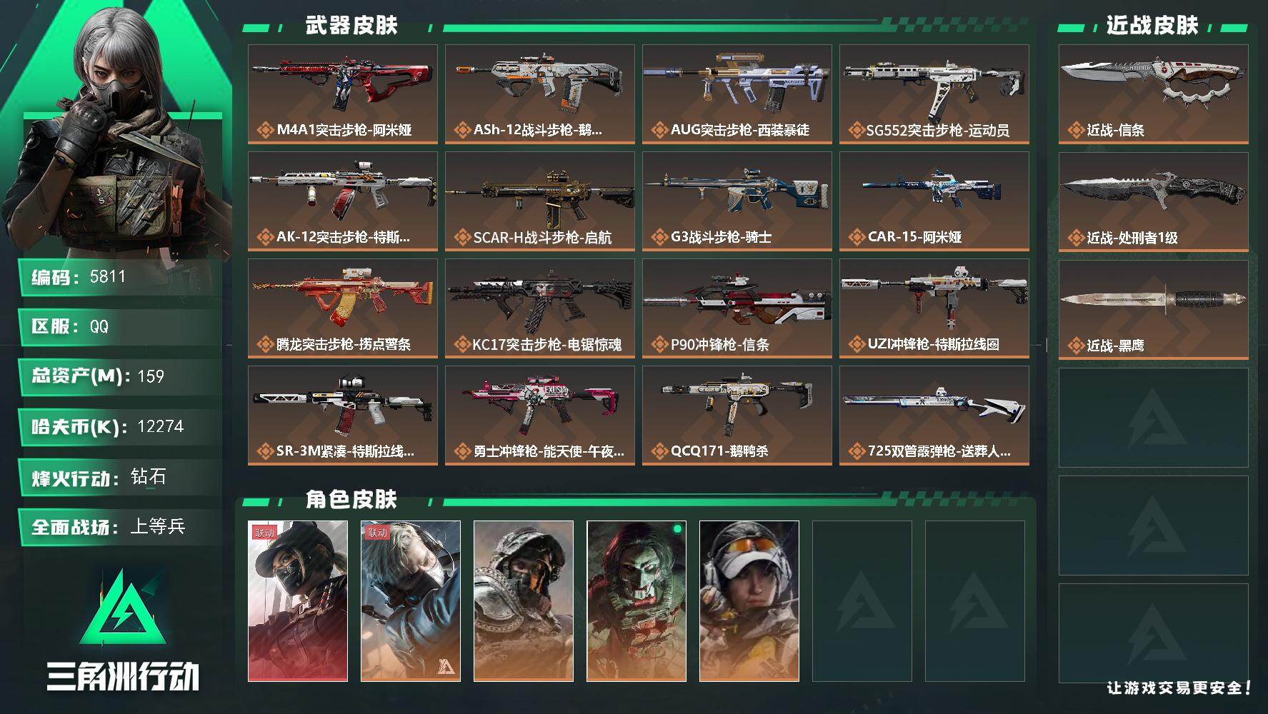 三角洲行动账号QQPX_2599465-159m总资产-12274k哈夫币-60烽火等级-钻石-47战场等级-上等兵
【干员外观】：露娜-黑·天际线，蜂医-送葬人·无题密令，深蓝-不破誓约，红狼-电锯惊魂，露
