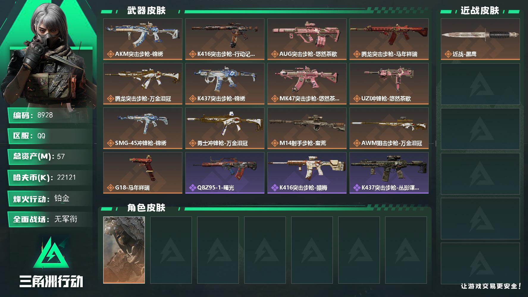 三角洲行动账号QQ总资产57M/哈夫币2212万/干员外观数1/传说枪皮数13/战场等级1/行动等级60/安全箱等时效性道具以游戏内数据为准，详情请看图/乌鲁鲁-荒原猎手/近战-黑鹰/AKM突击步枪-锦绣/K416突击