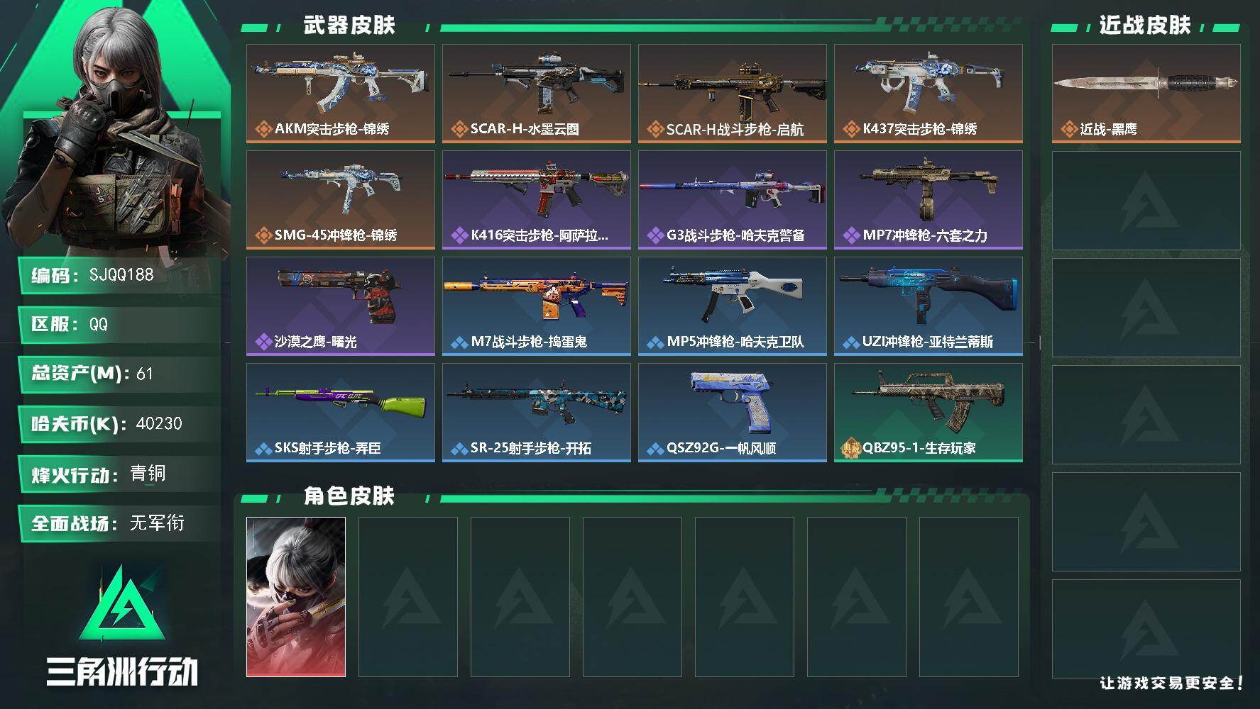 三角洲行动账号QQ【SJQQ188】总资产61M/哈夫币4023万/干员外观数1/传说枪皮数5/战场等级1/行动等级34/安全箱等时效性道具以游戏内数据为准，详情请看图/骇爪-水墨云图/近战-黑鹰/AKM突击步枪-锦