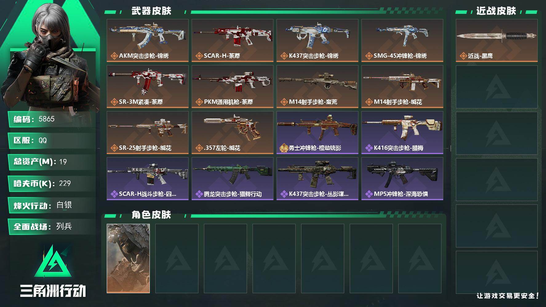 三角洲行动账号QQPX_2602365-19m总资产-229k哈夫币-60烽火等级-白银-11战场等级-列兵
【干员外观】：乌鲁鲁-荒原猎手
【近战皮肤】：近战-黑鹰
【传说外观】：AKM突击步枪-锦绣，SC