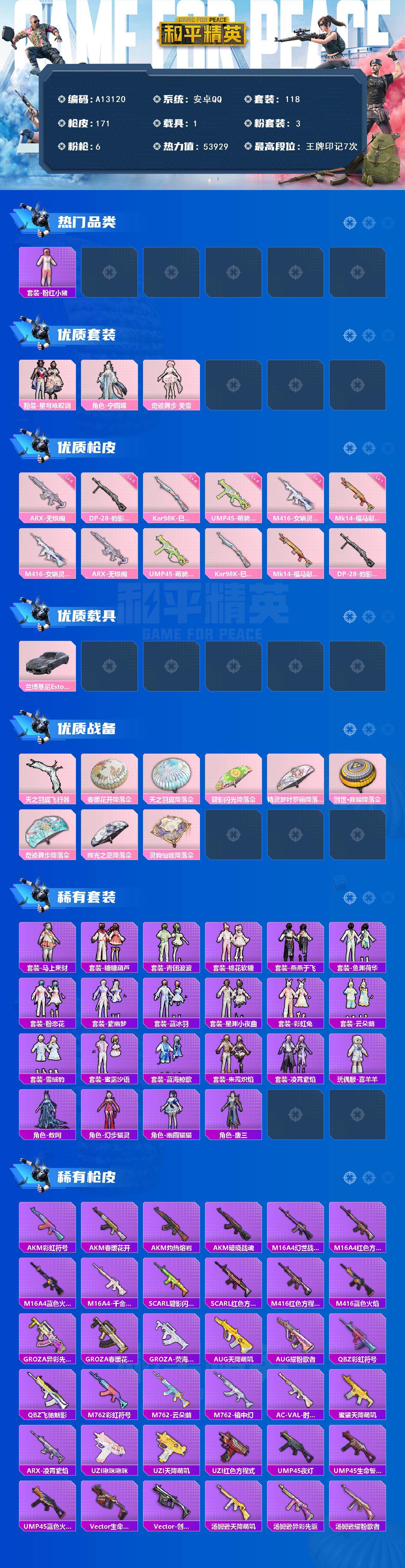 和平精英账号安卓QQ【A13120】118套装/枪械6/装备209/载具1/战备118/王牌印记7/热力值53929/三级M416-女娲灵识/六级ARX-无垠阁/四级UMP45-萌骑冒险/四级Kar98K-巳巳如意/一