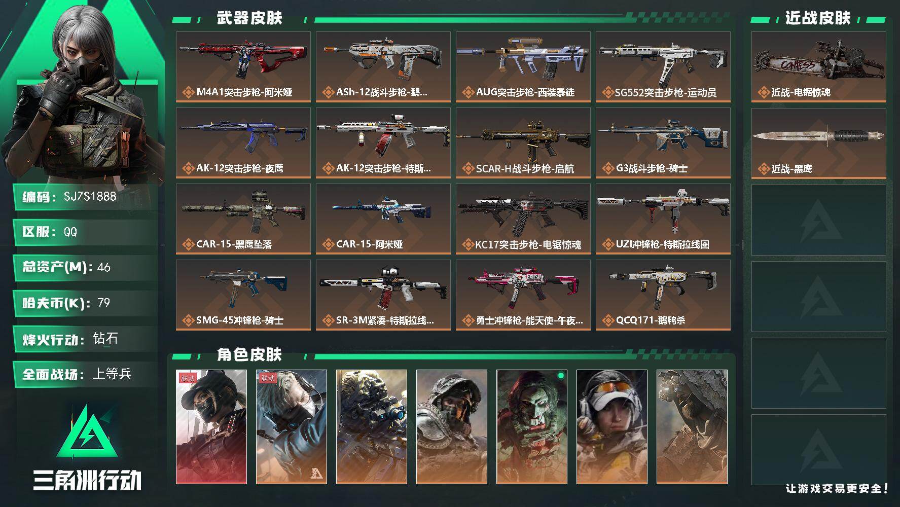 三角洲行动账号QQ【SJZS1888】总资产46M/哈夫币7万/传说近战数1/干员外观数8/传说枪皮数27/战场等级20/行动等级60/安全箱等时效性道具以游戏内数据为准，详情请看图/露娜-黑·天际线/蜂医-送葬人·