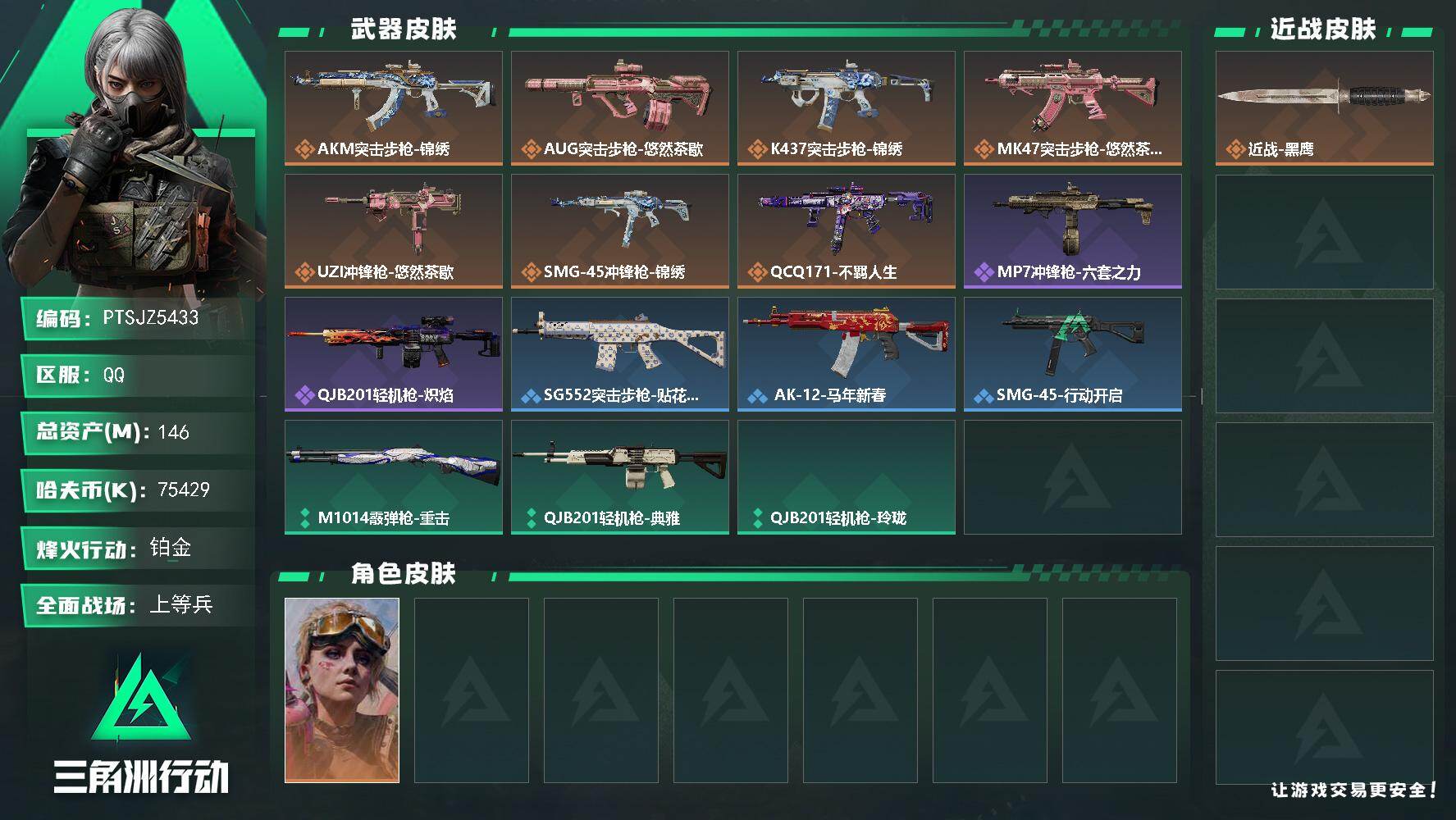 三角洲行动账号QQ【PTSJZ5433】总资产146M/哈夫币7542万/干员外观数1/传说枪皮数7/战场等级15/行