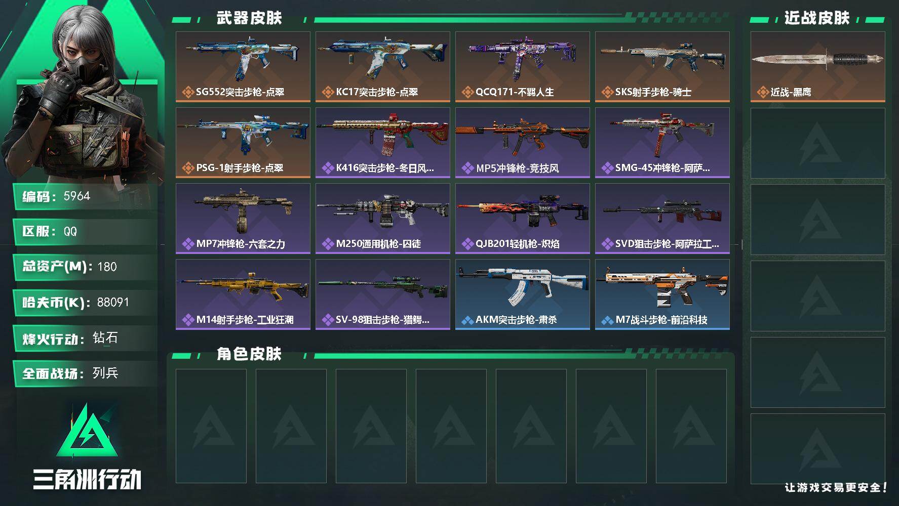 三角洲行动账号QQPX_2605798-180m总资产-88091k哈夫币-60烽火等级-钻石-16战场等级-列兵
【近战皮肤】：近战-黑鹰
【传说外观】：SG552突击步枪-点翠，KC17突击步枪-点翠，Q