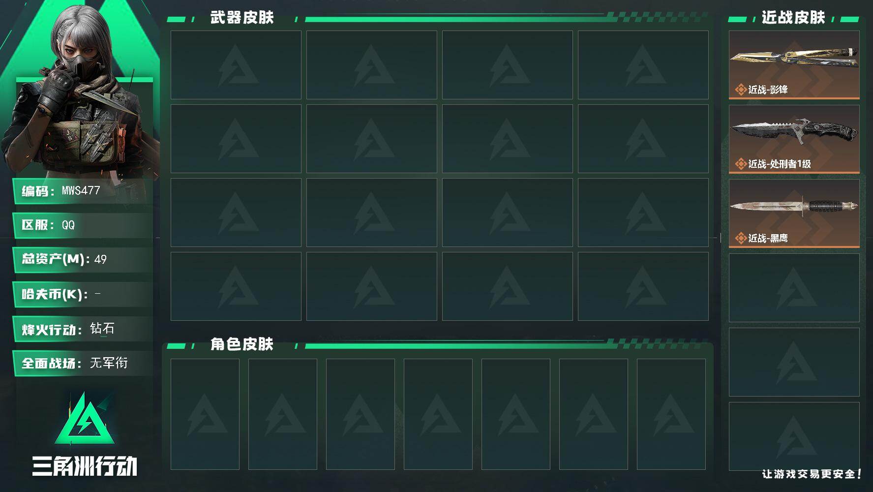 三角洲行动账号QQ【近战皮肤】：近战-黑鹰，近战-处刑者1级，近战-影锋
