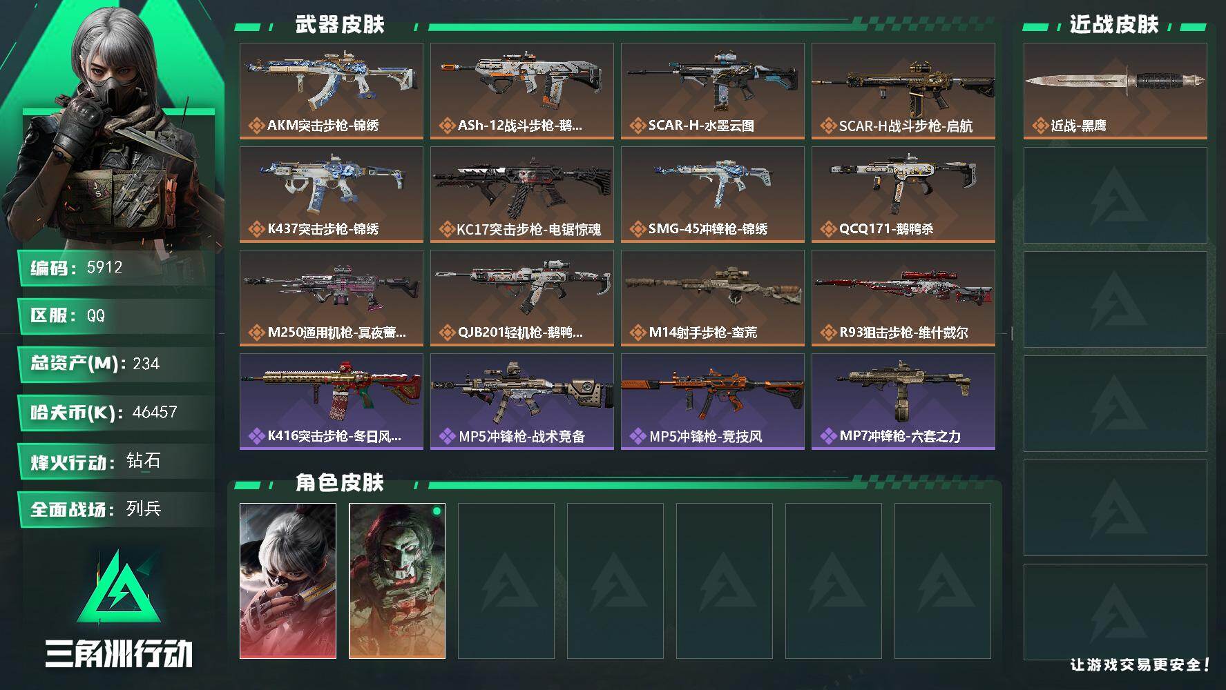 三角洲行动账号QQPX_2604207-234m总资产-46457k哈夫币-60烽火等级-钻石-21战场等级-列兵
【干员外观】：骇爪-水墨云图，红狼-电锯惊魂
【近战皮肤】：近战-黑鹰
【传说外观】：AKM