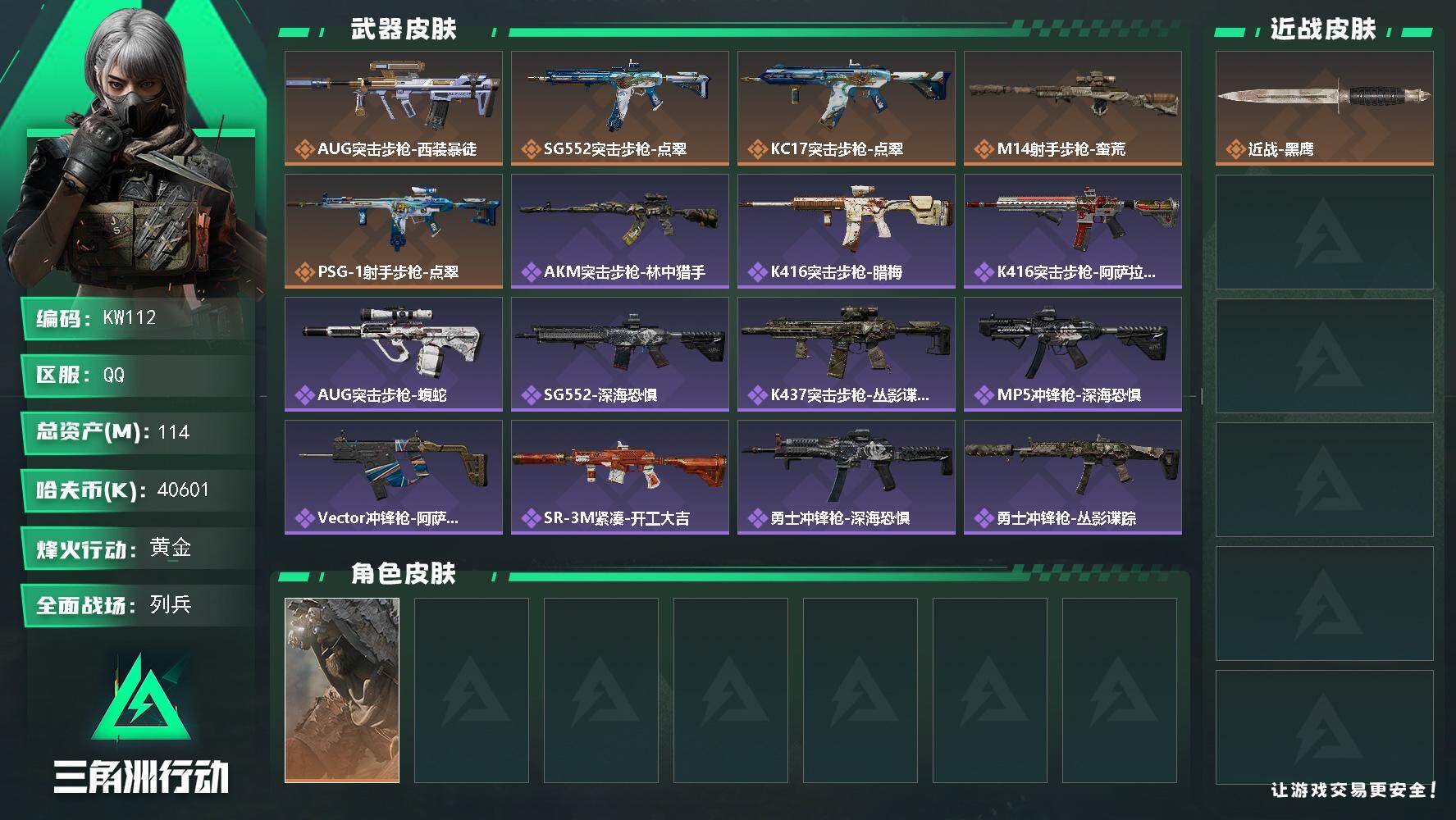 三角洲行动账号QQ【KW112】总资产114M/哈夫币4060万/干员外观数1/传说枪皮数5/战场等级11/行动等级60/安全箱等时效性道具以游戏内数据为准，详情请看图/乌鲁鲁-荒原猎手/近战-黑鹰/AUG突击步枪-