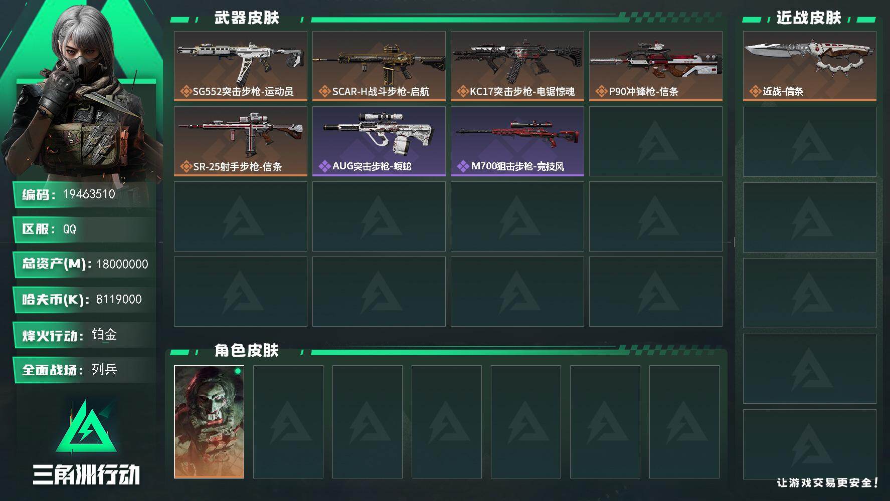 三角洲行动账号QQ【wf130】18m总资产-8119k哈夫币-60烽火等级-铂金-9战场等级-列兵
【干员外观】：红