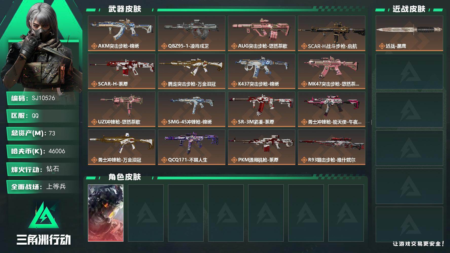 三角洲行动账号QQ【SJ10526】总资产73M/哈夫币4600万/干员外观数1/传说枪皮数17/战场等级19/行动等
